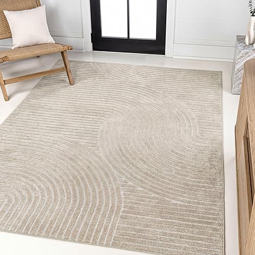 JONATHAN Y Hallie High-Low Curve Beige/Cream 4x6 Indoor/Outdoor Area Rug, Minimalist Geometric, Pet Friendly, for Patio, Backyard, Living Room, Bedroom, Office, Hose-Washable (SCN100D-4)