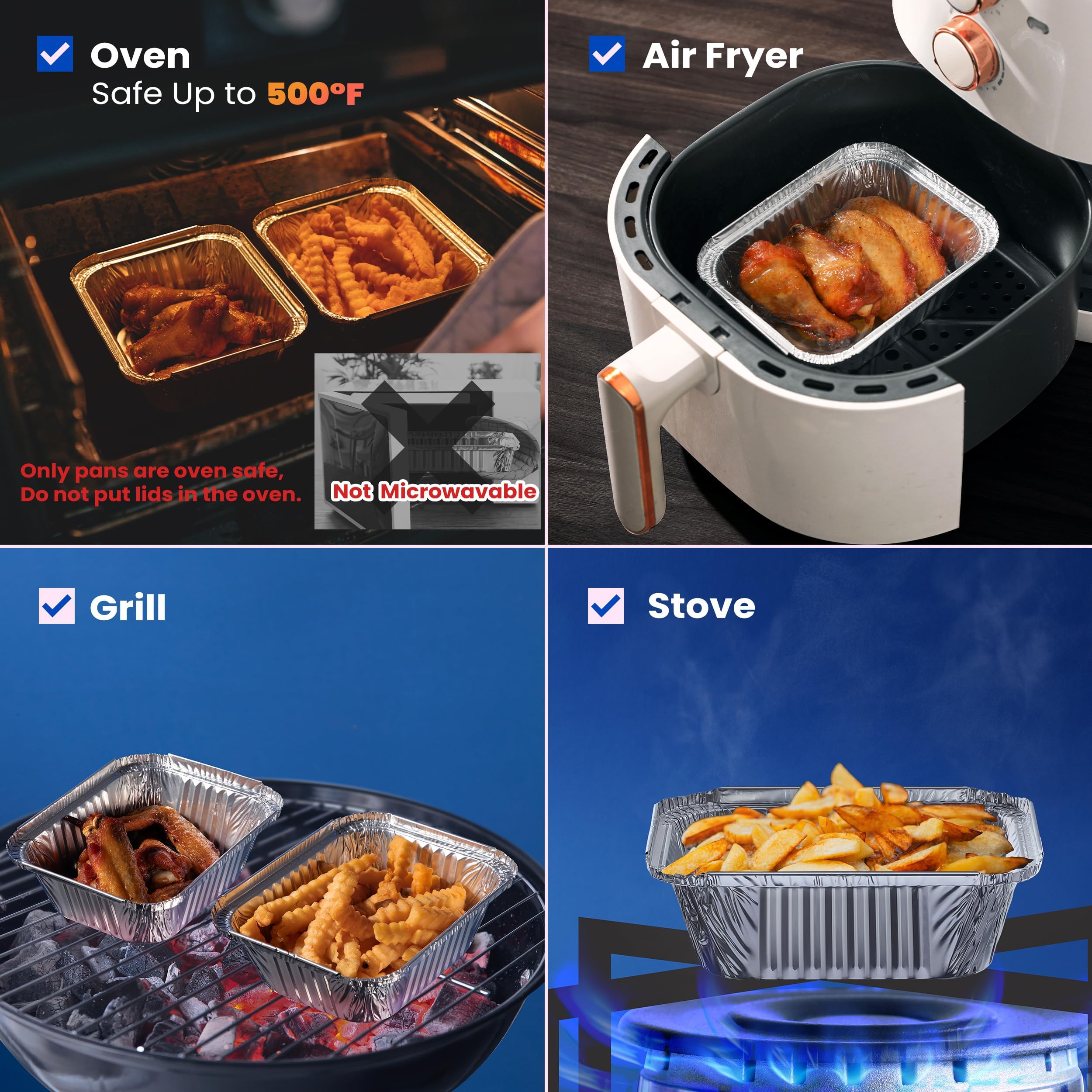 Fit Meal Prep 50 Pack Small Aluminum Foil Pans with Clear Lids, 1 lb Disposable Tin Foil Baking Pans, Durable Foil Food Containers Freezer Oven Safe for Baking, Meal Prep, Takeout