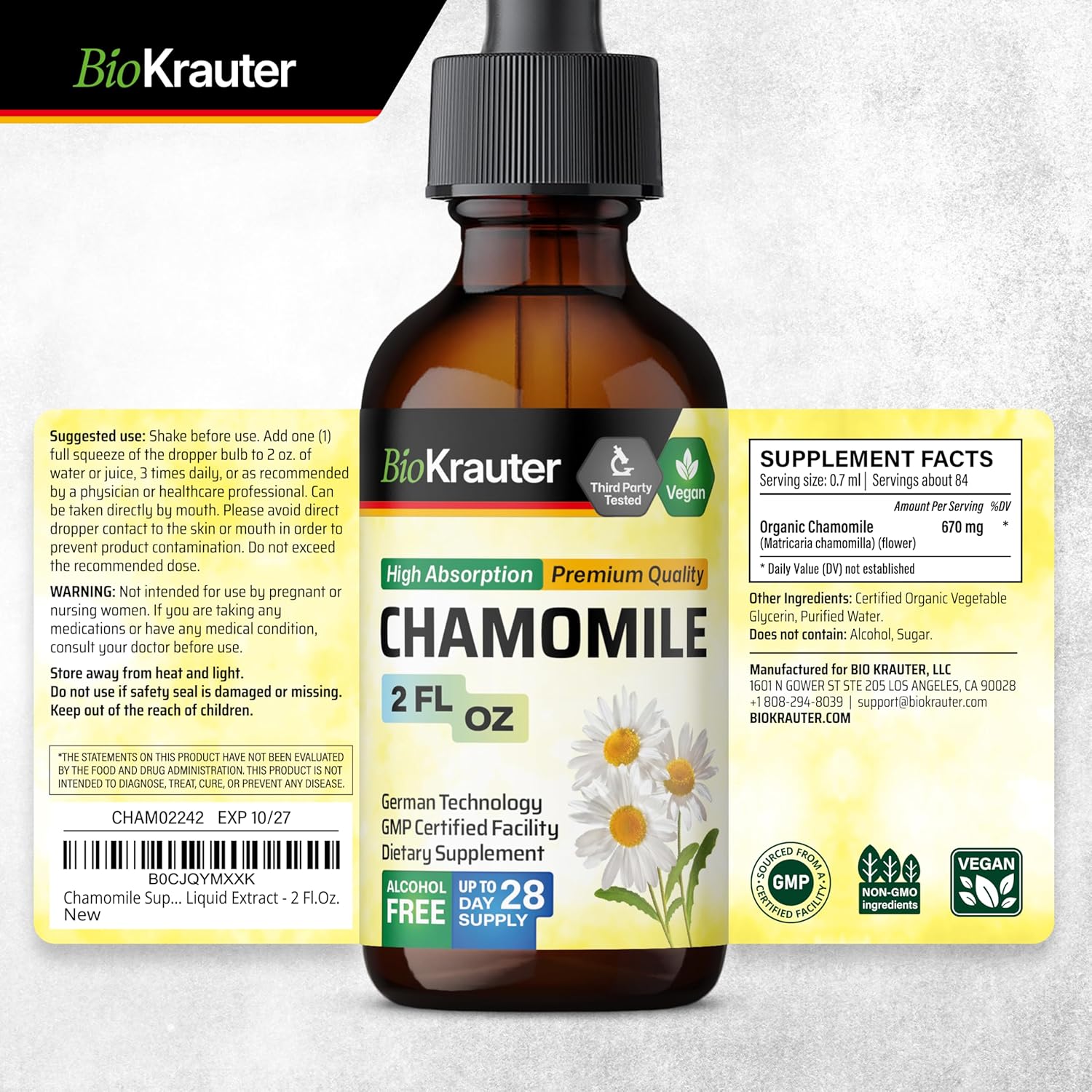 BIO KRAUTER® Chamomile Extract - Liquid Drops Pure Vegan Chamomile Supplement 670 mg per Serving 2 Fl.Oz 28-Day Supply - Used for Calm & Relax - Alcohol & Sugar Free - Natural Calm & Sleep Support - Image 8