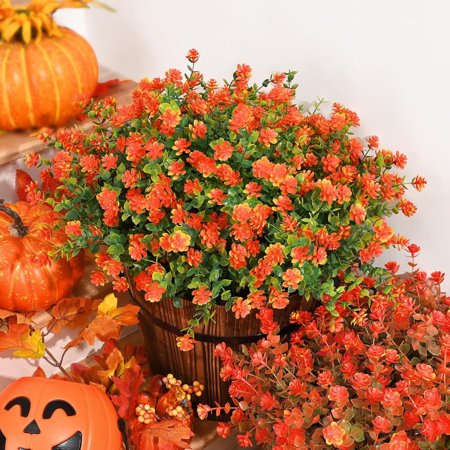 Fall Decor, Fake Mums, 36 Bundles Fall Flowers, UV Resistant Artificial Mums for Outdoors, Faux Mums for Outside, Fall Flowers Plants Artificial for Decoration For Home Porch Thanksgiving,Red Orange