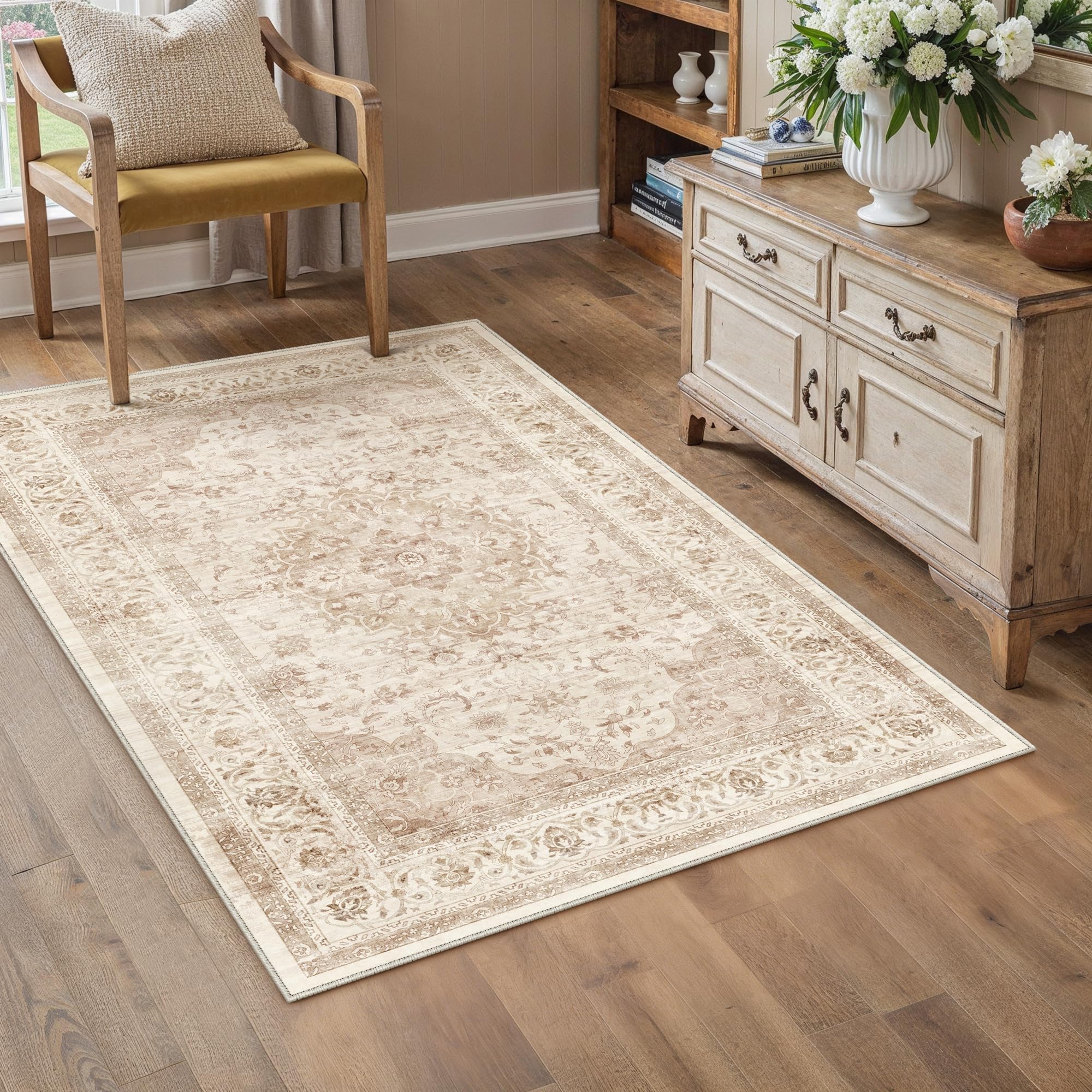 3x4 Beige Washable Vintage Area Rug for Living Room Bedroom Soft Tranditional Non Slip Large Throw Rug Lightweight Floral Low Pile Distressed Carpet Entryway Doormat Hallway Bedroom
