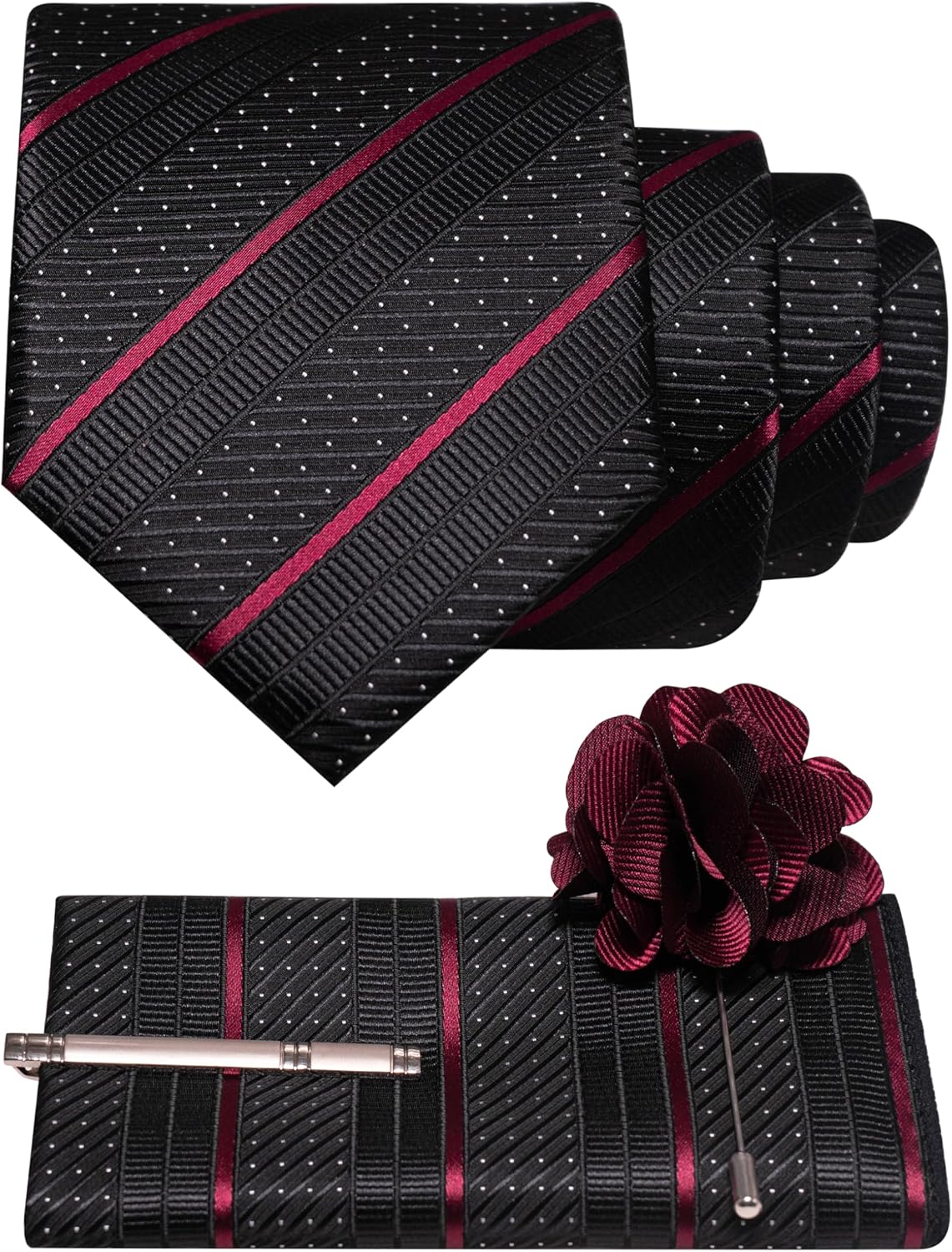 JEMYGINS Mens Striped Tie and Lapel Pin Necktie Pocket Square with Tie Clip Sets for Business Casual 4PCS
