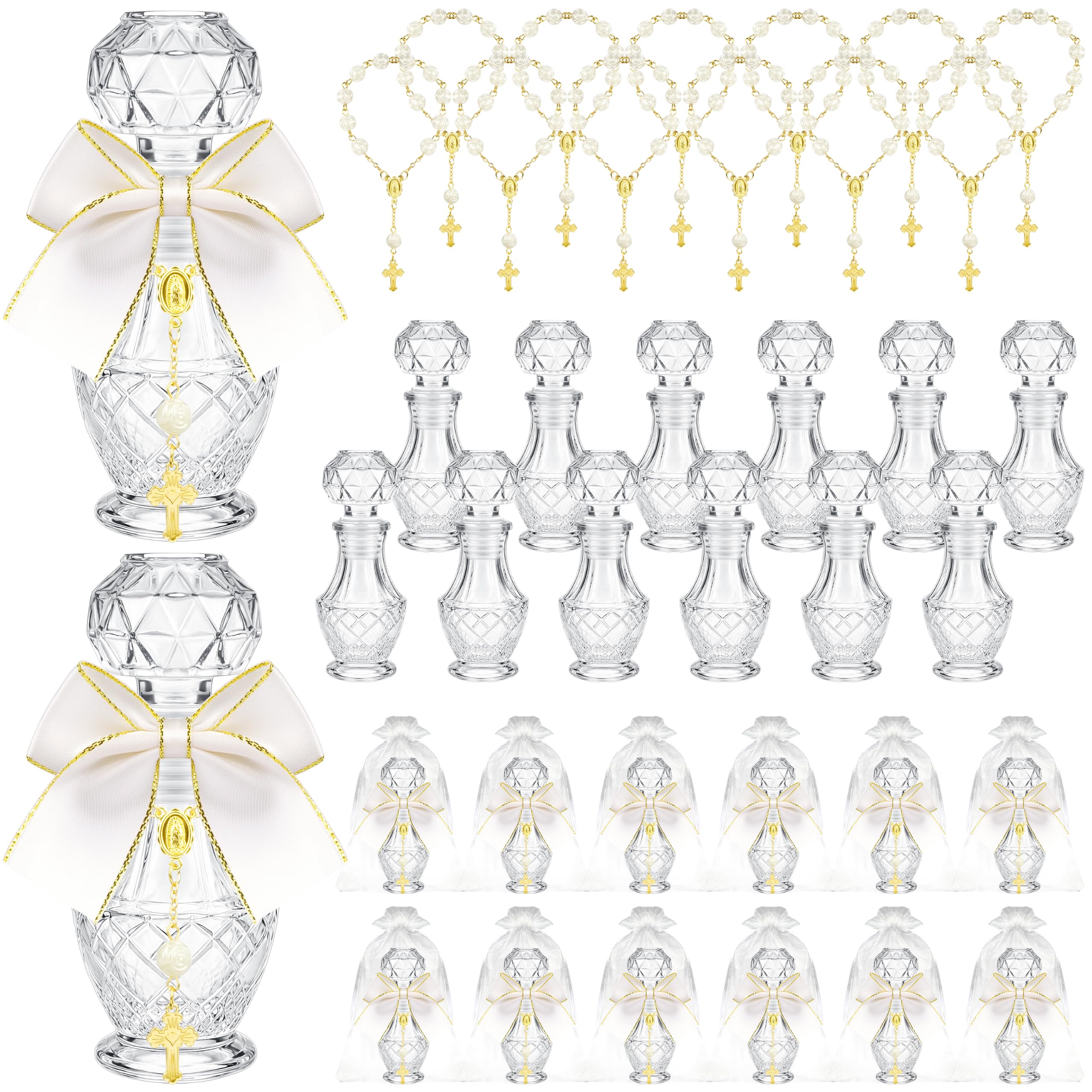 Fayoo 12 Sets Glass Holy Water Bottles for Baptism Favors, 50ml, 48 Pcs | Includes 12 Glass Bottles, Cross Rosaries, Bows & Organza Bags, Leakproof Lids, for First Communion Christian Church Decor Baptism02