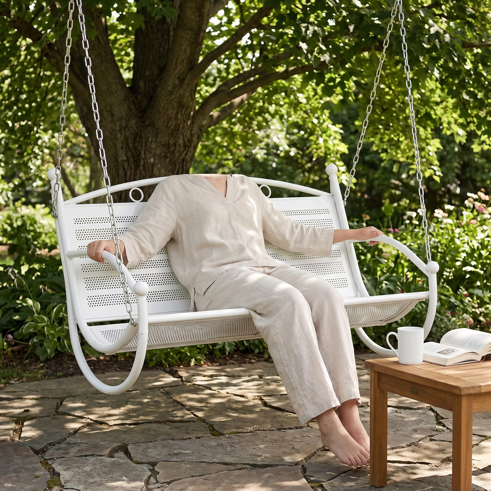 Altalena da Giardino in Metallo, Seggiolino Altalena per Giardino e Spazi Esterni, Design Versatile, Bianco, Doppio rinforzato con bracciolo a mezzaluna