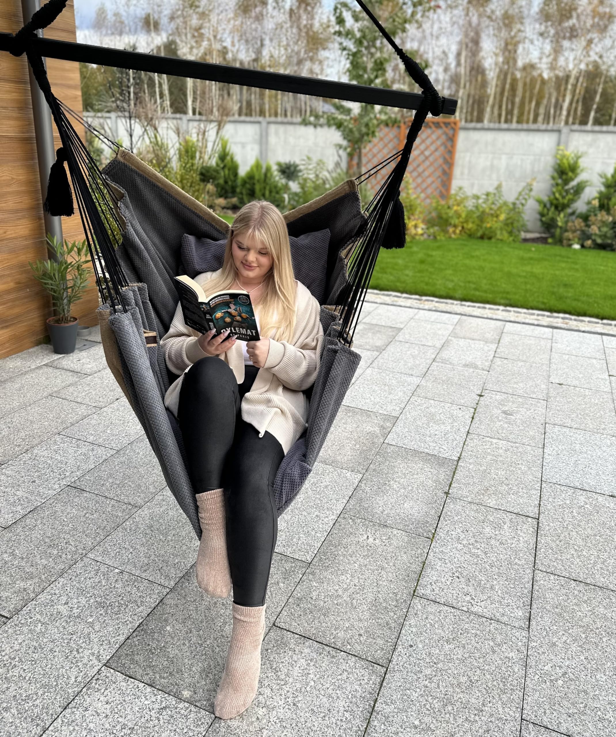Izabell® Chaise hamac avec Grands Coussins – Fauteuil Suspendu XXL et hamac pour intérieur & extérieur – Coffee Swing en Sacs de Jute de torréfacteurs de café