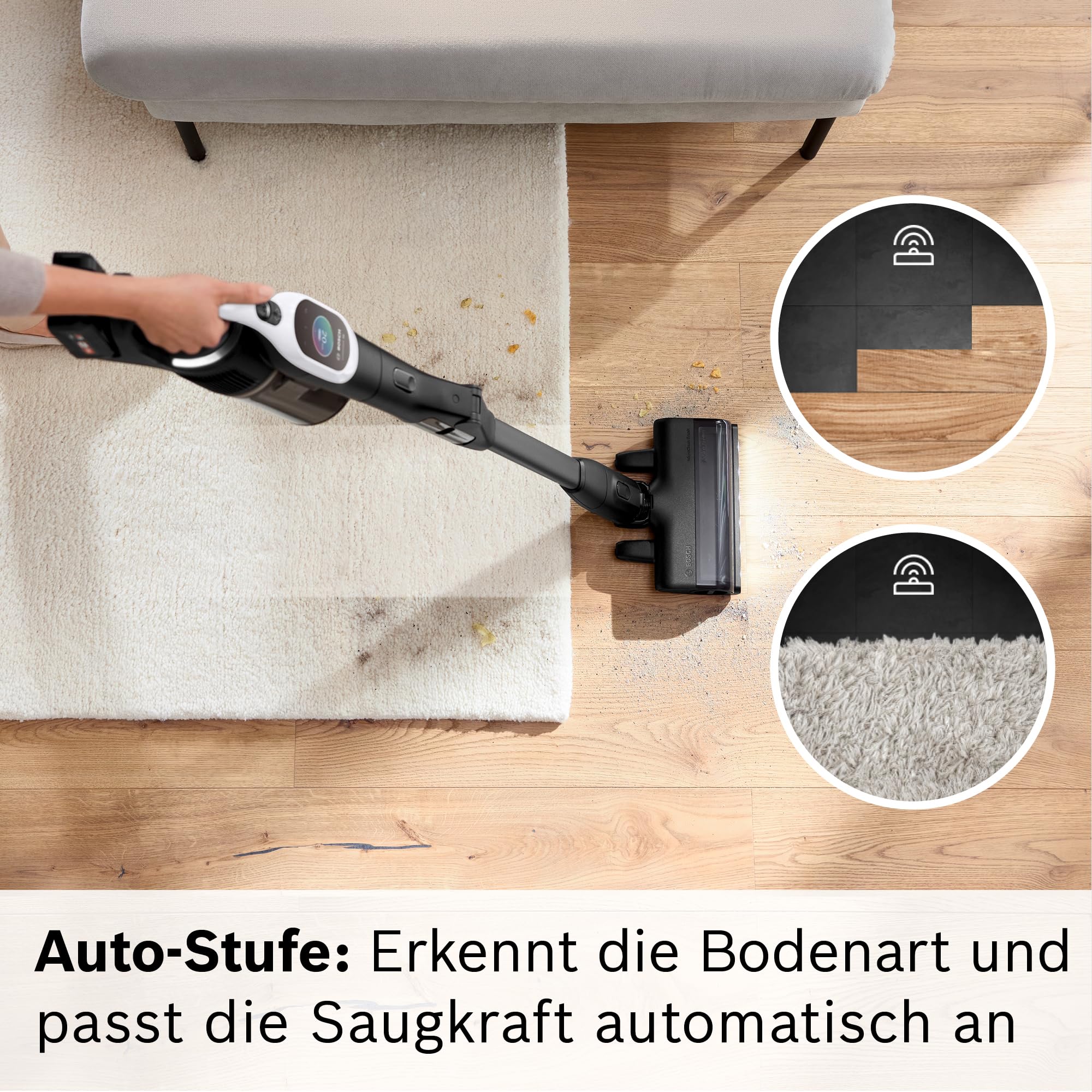 Bosch Akku-Staubsauger Unlimited 10 BTS1042WAC, kabellos, MicroClean Technology, TFT-Display, Staubkomprimierung, HEPA-Filtersystem, 10 J. Motorgarantie, 4 Ah Akku, LED-Licht, Schnellladegerät, weiß