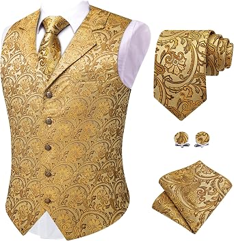 YourTies Mens Suit Vest 4PC Silk Paisley Vest with Necktie Pocket Square Cufflinks Formal Woven Waistcoat for Suit Tuxedo