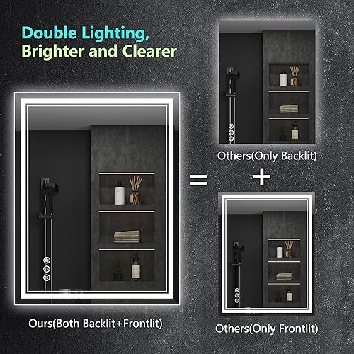 Miniatura 3 de Espejo LED de 24 x 36 pulgadas para baño con luz frontal y retroiluminado, espejo de pared antiniebla regulable con luces LED, a prueba de agua,