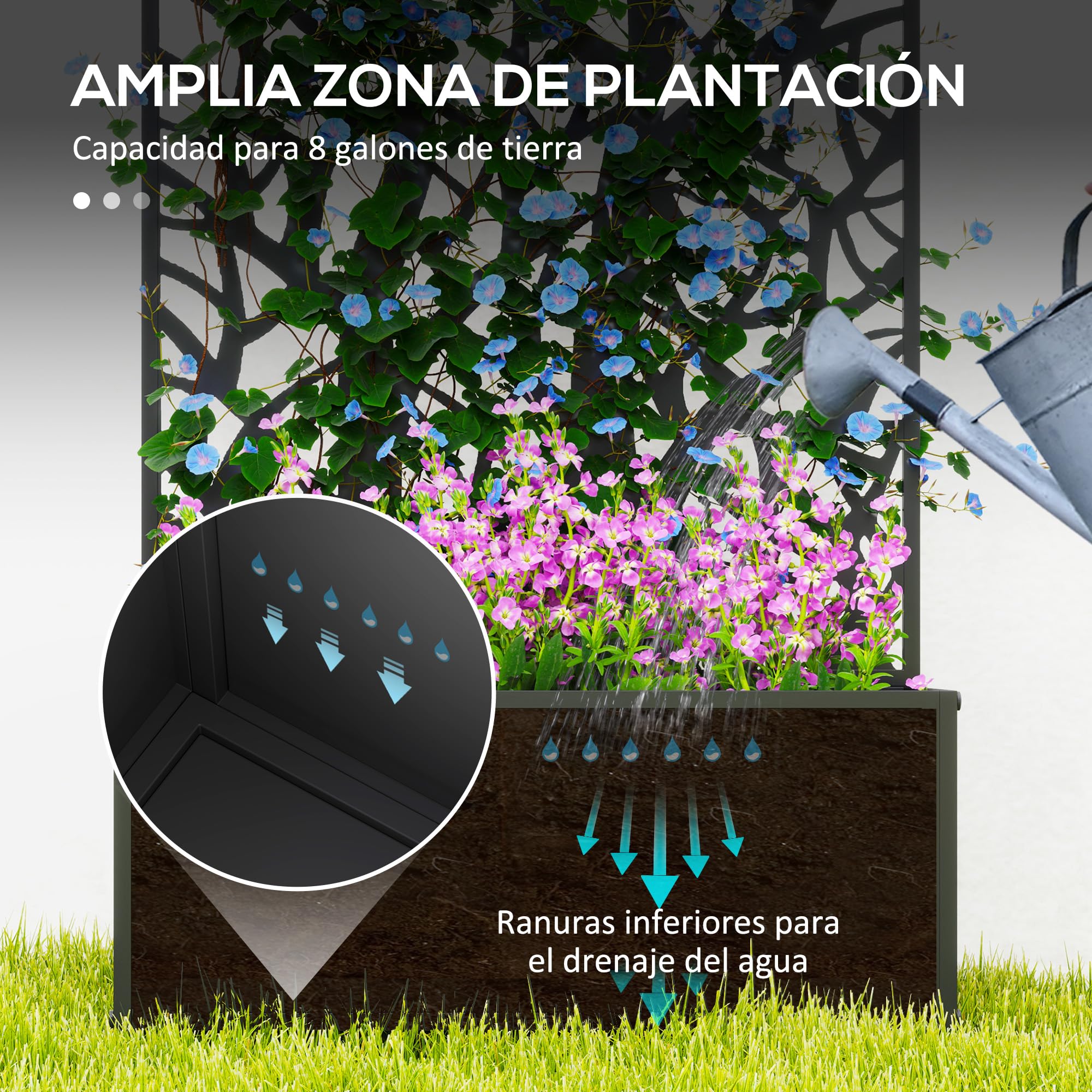 Outsunny Grande fioriera in metallo per esterni Foglie decorative Schermo per la privacy da parete o fioriera indipendente per terrazza 61x23x113 cm Nero