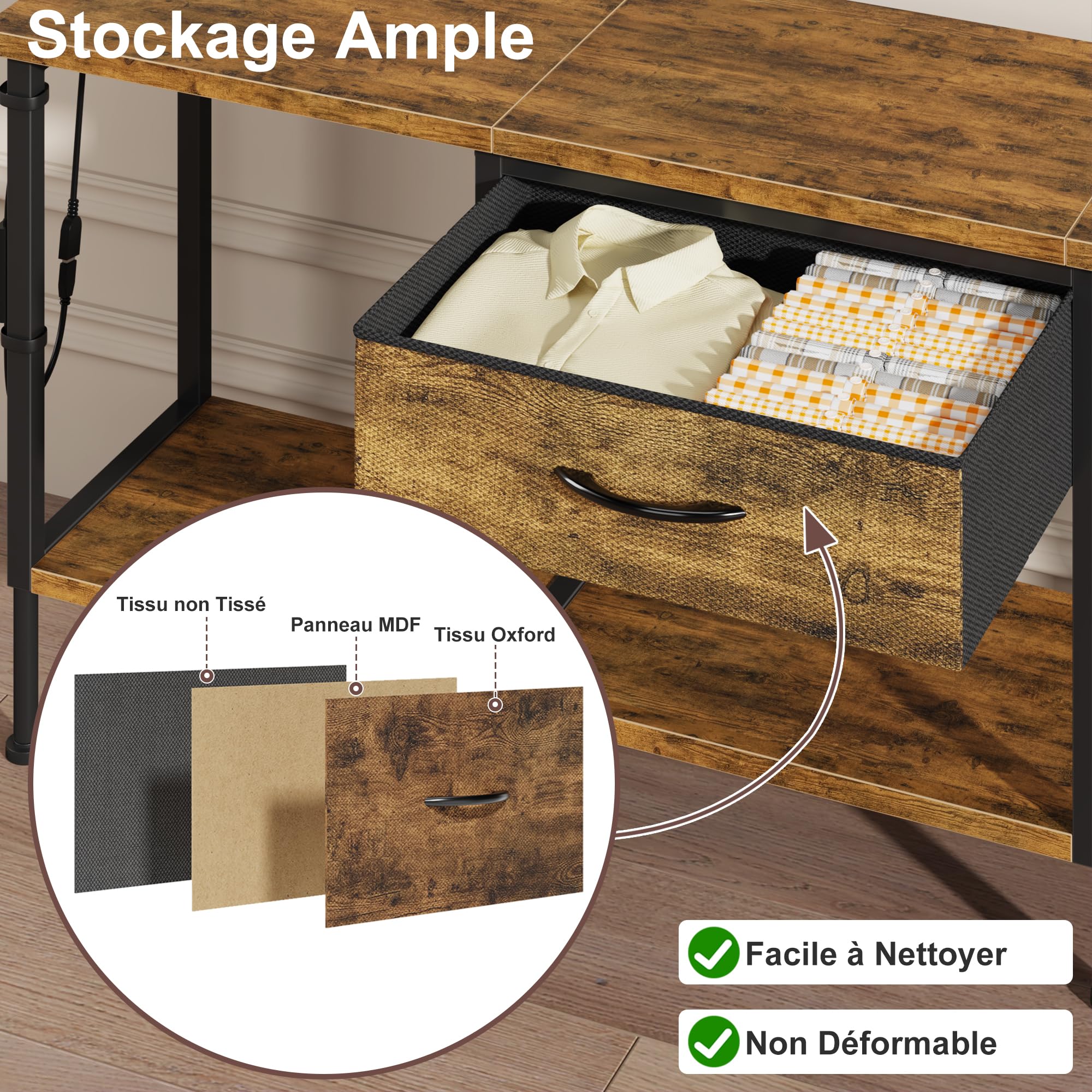 Meuble TV avec Prise et Ports USB, Table Television Salon à Éclairage LED avec Tiroir en Tissu et Étagères Ouvertes, Meuble TV 120 cm pour Téléviseur jusqu'à 55″ Marron Rustique