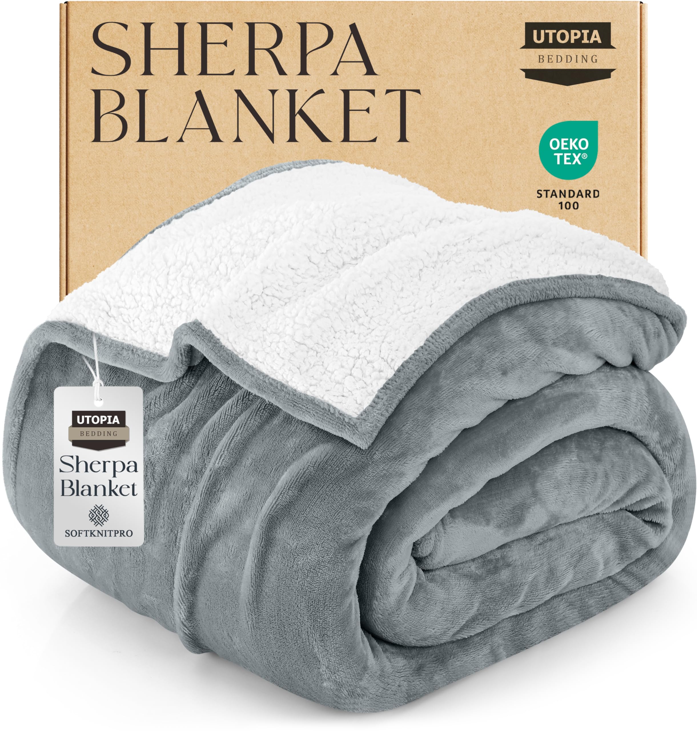 Utopia Bedding Sherpa Blanket Full Size (Cool Grey, 90x84 Inches) - Soft Lightweight Plush Fleece Reversible Blanket for Bed, Sofa, Couch, Camping and Travel