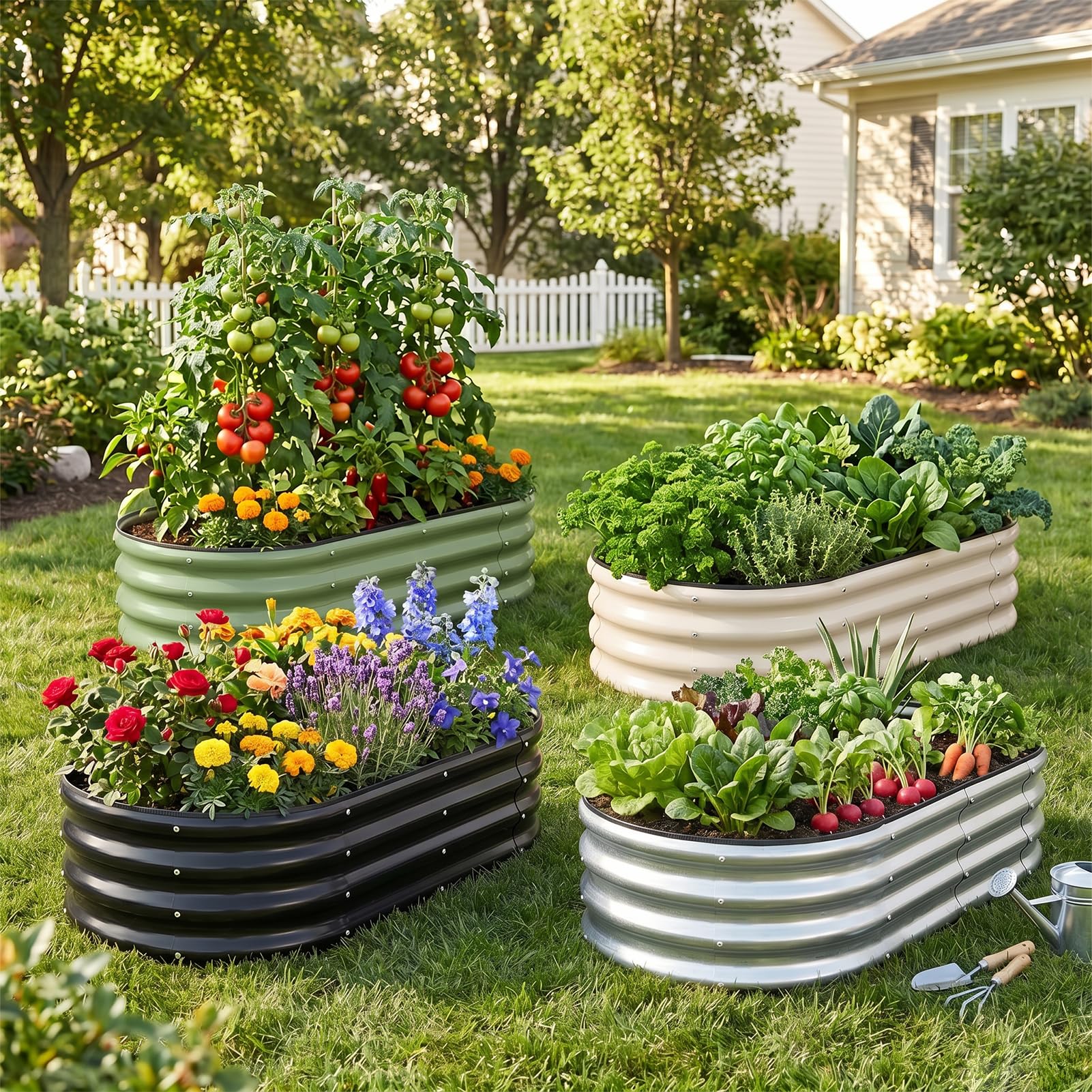 1MORE Verzinktes Hochbeet - Pflanzkübel für den Außenbereich, Hochbeete für Gartenarbeit, 1,2 x 0,6 x 0,3 m, Metall-Gartenbeet für Gemüse, Blumen, Pflanzgefäß Hochbeete mit Werkzeug, Silber, 2 Stück