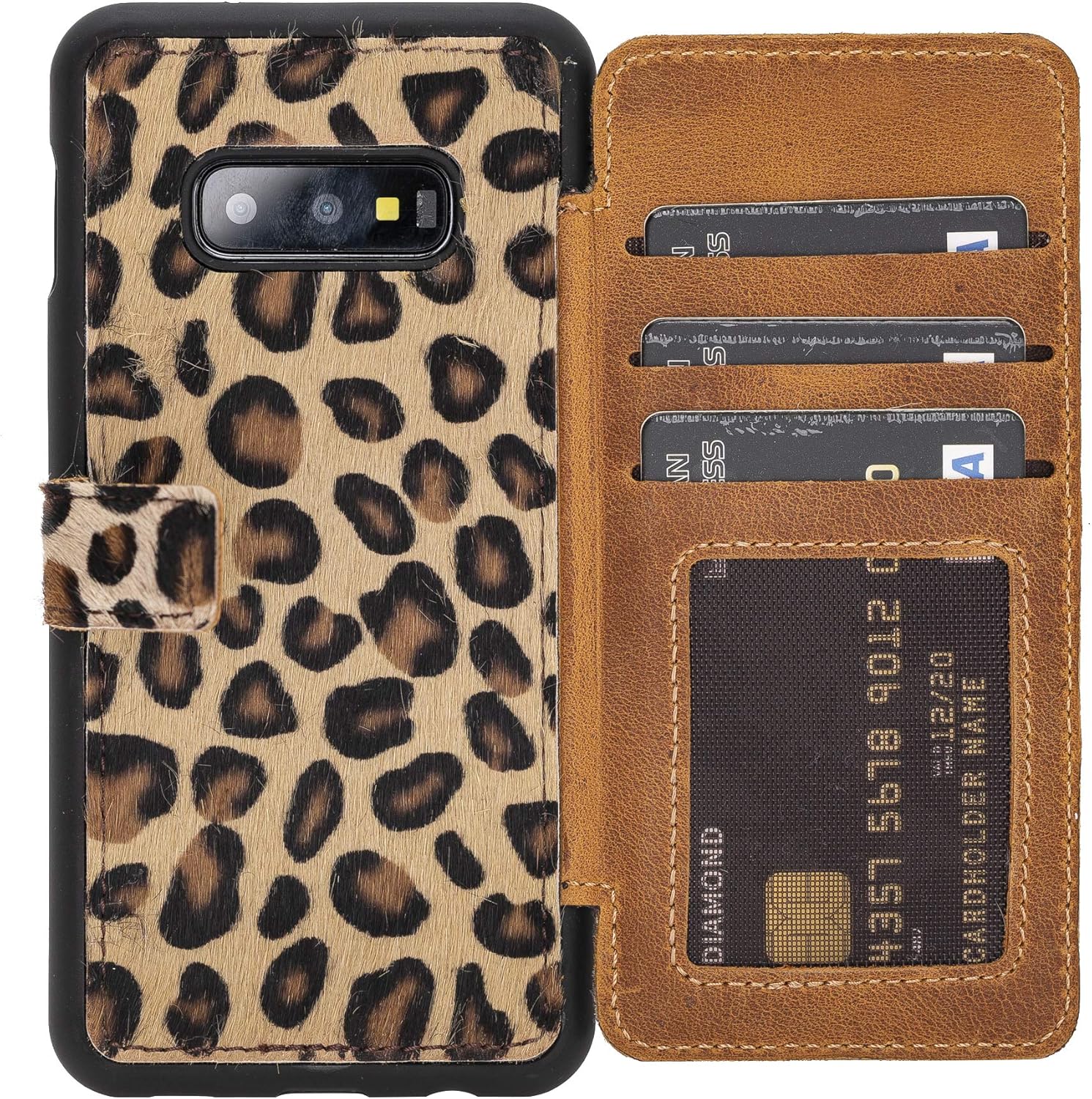 Venito Verona Leather Phone Case Compatible with Samsung Galaxy S10e (5.8 inch) - RFID Blocking Snap-On Flip Back Cover Slim Phone Wallet Case - Furry Leopard