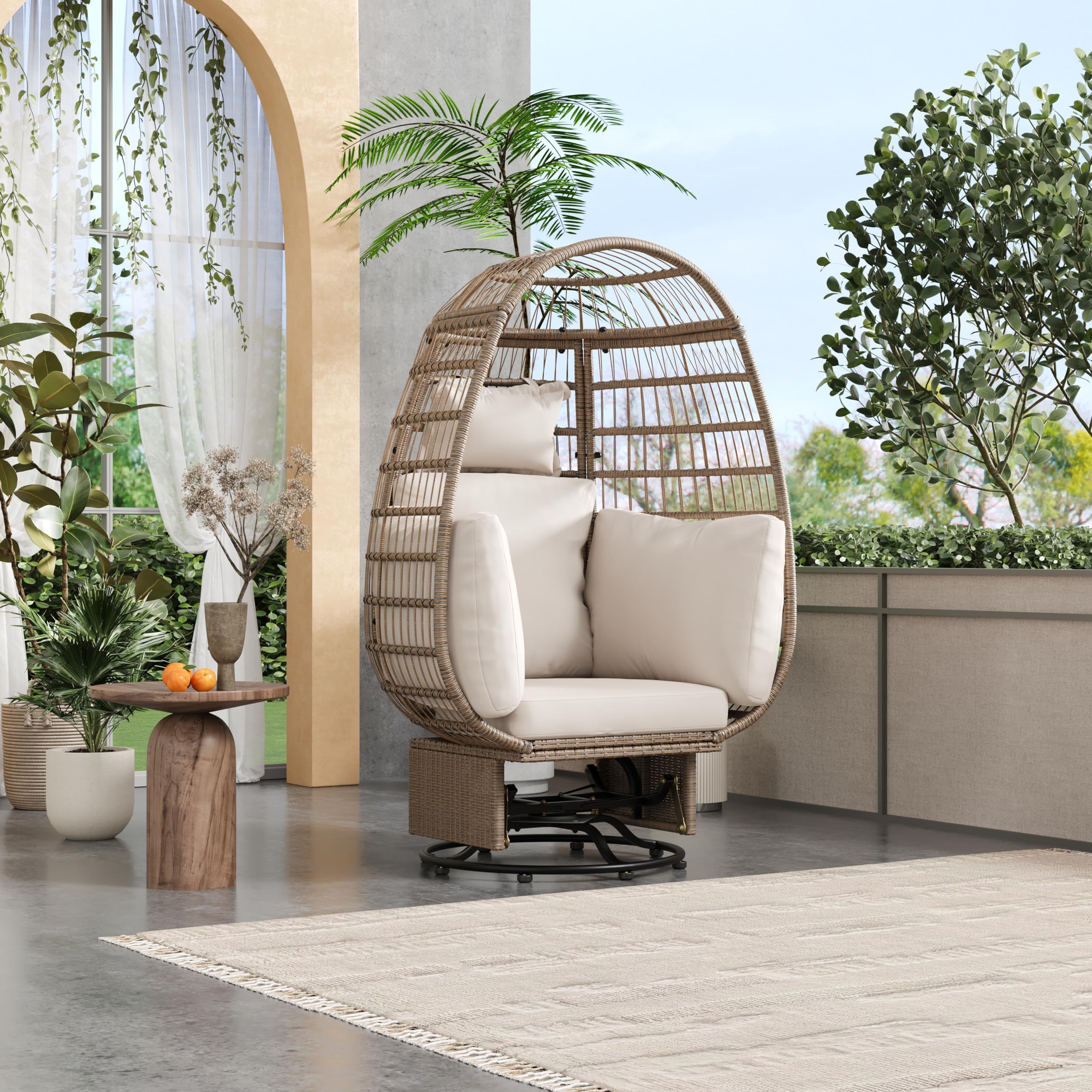 TREXM Outdoor Swivel Chair with Cushions, Rattan Egg Patio Chair with Rocking Function for Balcony, Poolside and Garden (Natural Wicker + Beige Cushion)