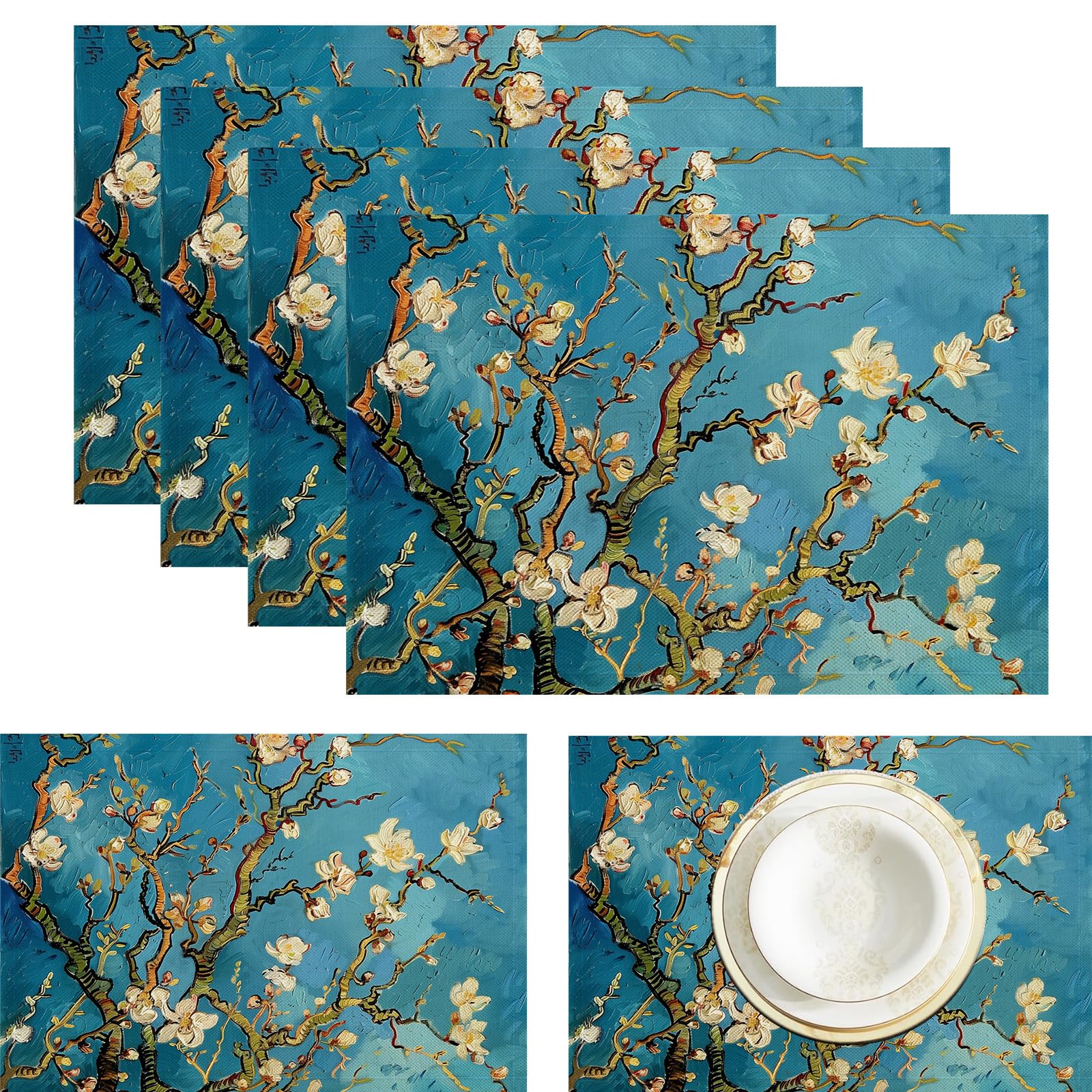 Sets de table lavables motif branches et fleurs pour cuisine propre