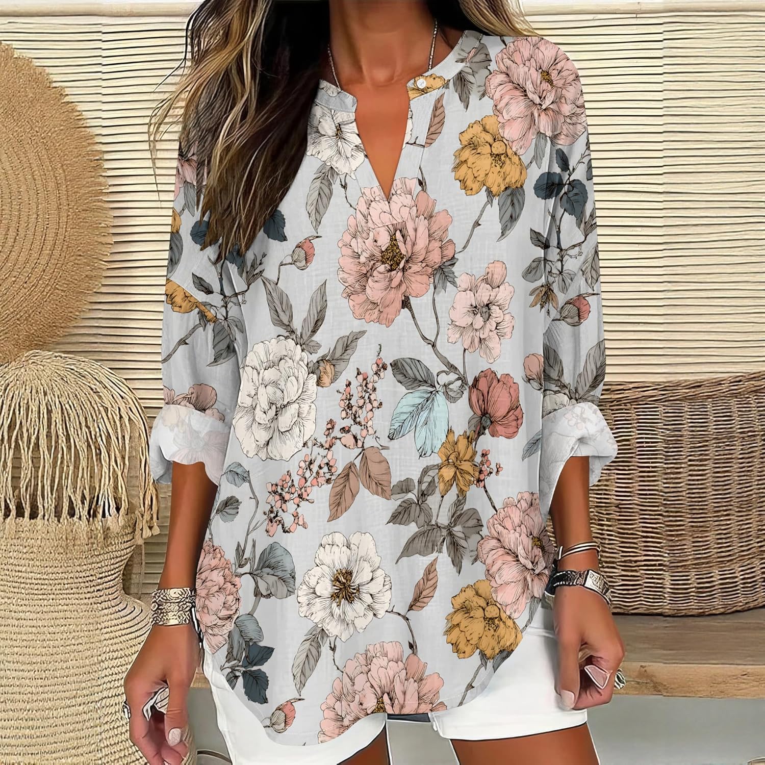 Plus Size Boho Tops for Women Roll Up Long Sleeve V Neck Loose Fit Blouses Casual Floral Print Soft Flowy Spring Tees - Image 2