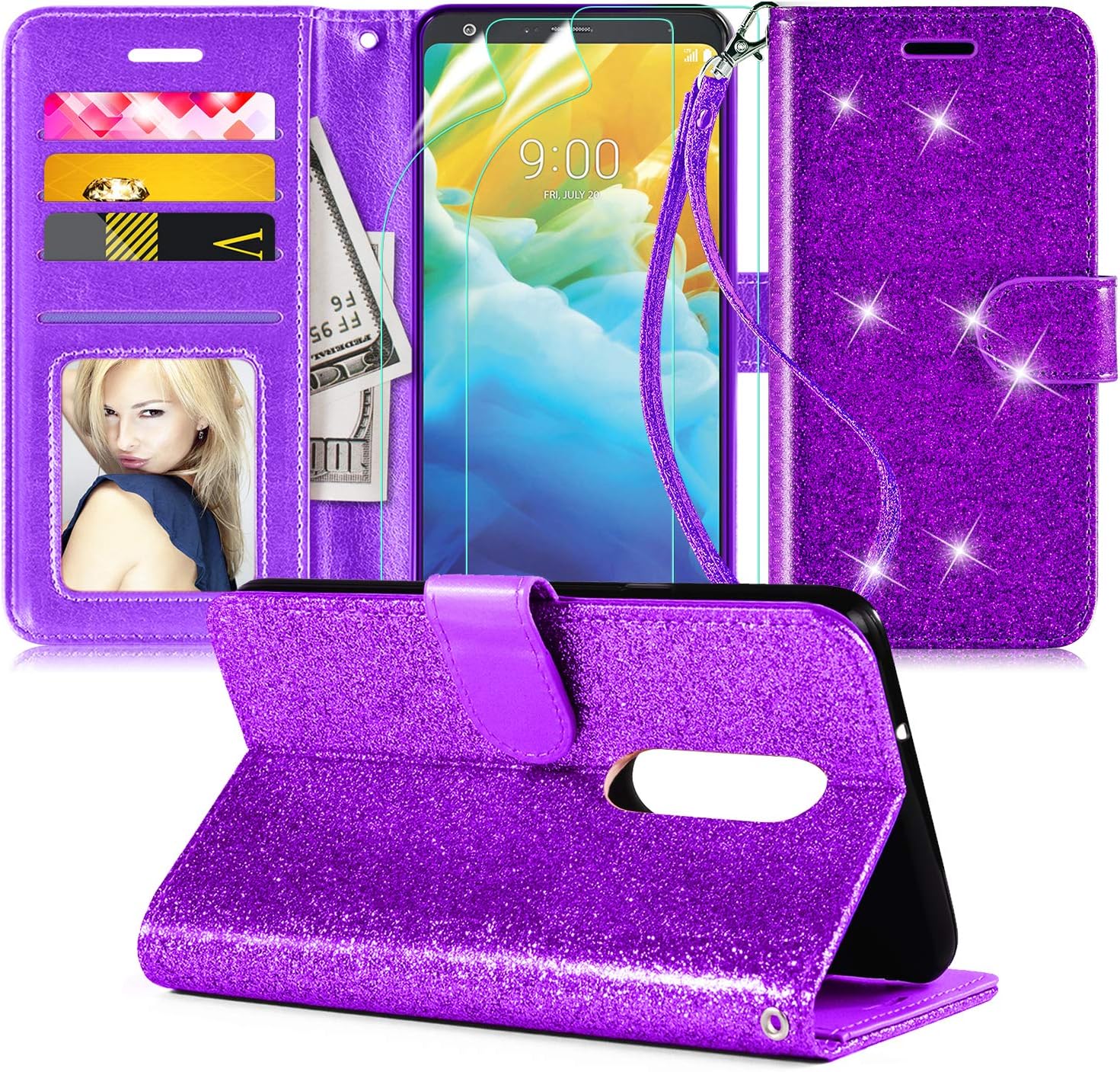 Innge for LG Stylo 5 Case,LG Stylo 5+ Plus/5V/Stylo 5X Case W/(2 PCS) Screen Protector[Wrist Strap][Kickstand][Credit Card Slots],PU Leather Bling Glitter Flip Case Wallet Cover for Girls Women,Purple