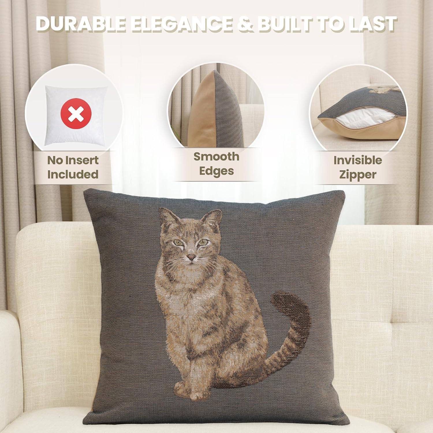 Charlotte Home Furnishings Decorative Pillow Covers for Couch 19x19 in, Tapestry Throw Pillow Cover for Living Room Decor, Tabby Cat Grey French Country Sofa Cushion Cases, Soft Cotton Jacquard Woven