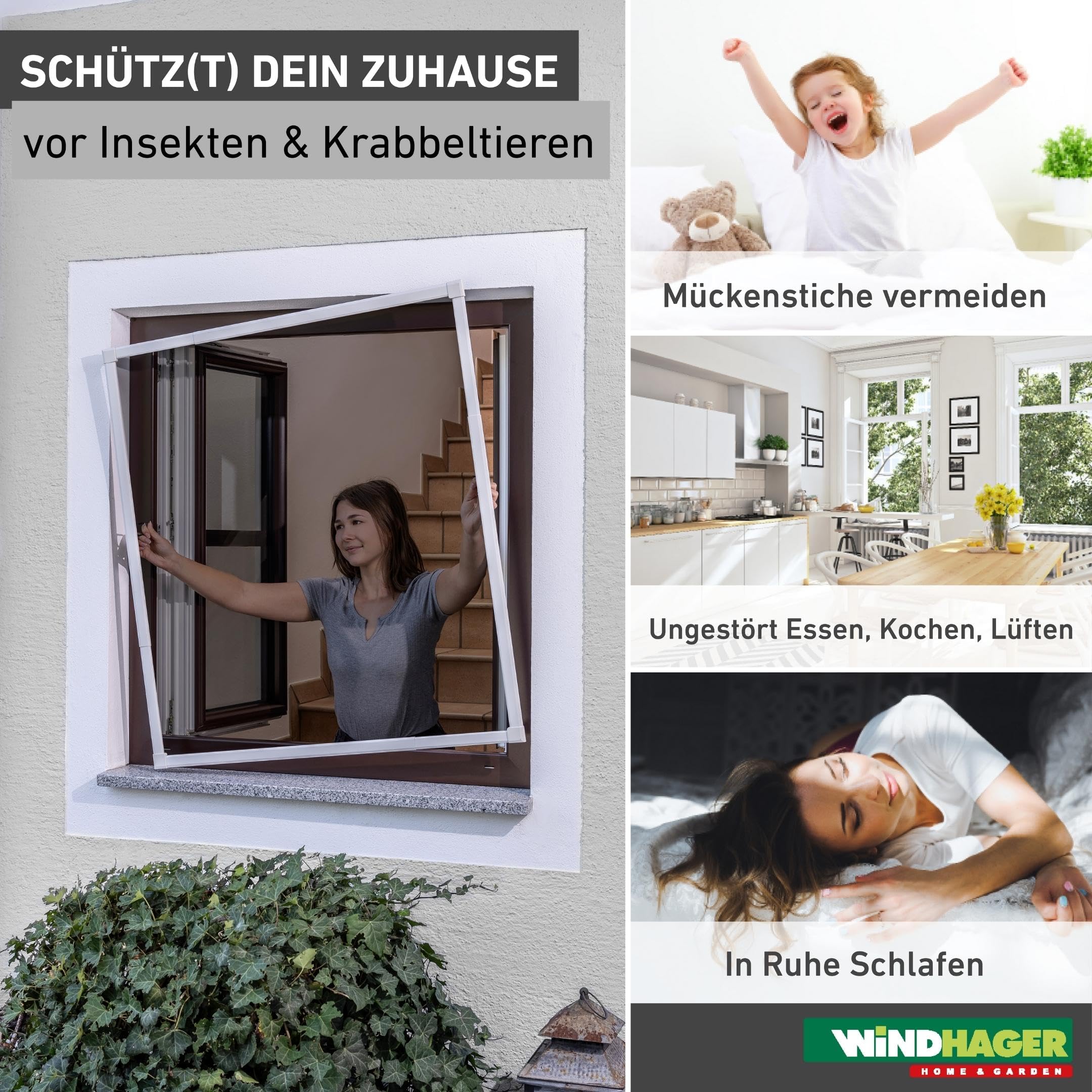 Windhager Insektenschutz | Spannrahmen Fenster teleskopierbar 130 x 140 cm | Fliegengitter mit Rahmen, Fenstergitter ohne Bohren, Rahmen-Fenster | Stabiler Aluminium-Rahmen | Weiß