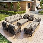 14 Ensemble de conversation patio, Canapé modulaire en rotin avec fauteuils et Ottomans, Meubles d'extérieur pour porche, Bord de piscine, Deck, Balcon, Cour arrière, Yard (Coussins gris)