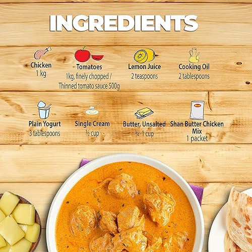 Miniatura 5 de Shan Mezcla de receta y condimento de pollo con mantequilla, 1.76 oz (50 g)  Polvo de especias para pollo jugoso en salsa rica de tomate y