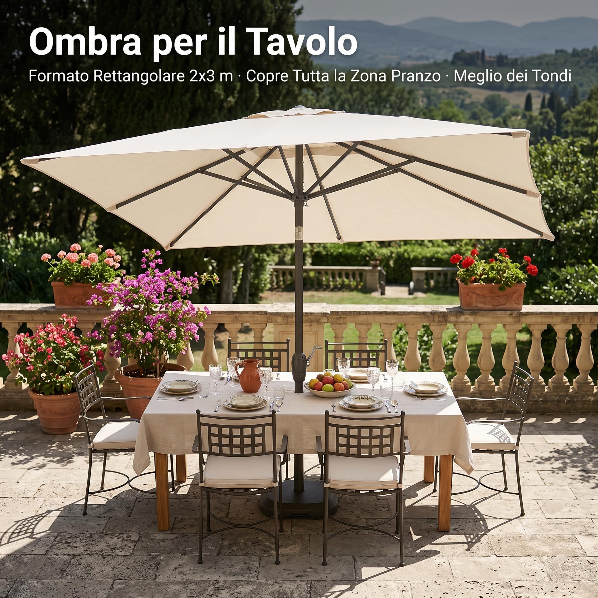 Lemag Ombrellone da Giardino Rettangolare 2x3 m con Manovella – Parasole Ecrù per Terrazzo e Esterno con Palo in Acciaio Robusto – Apertura Facile per Tavolo da Pranzo | Made in Italy