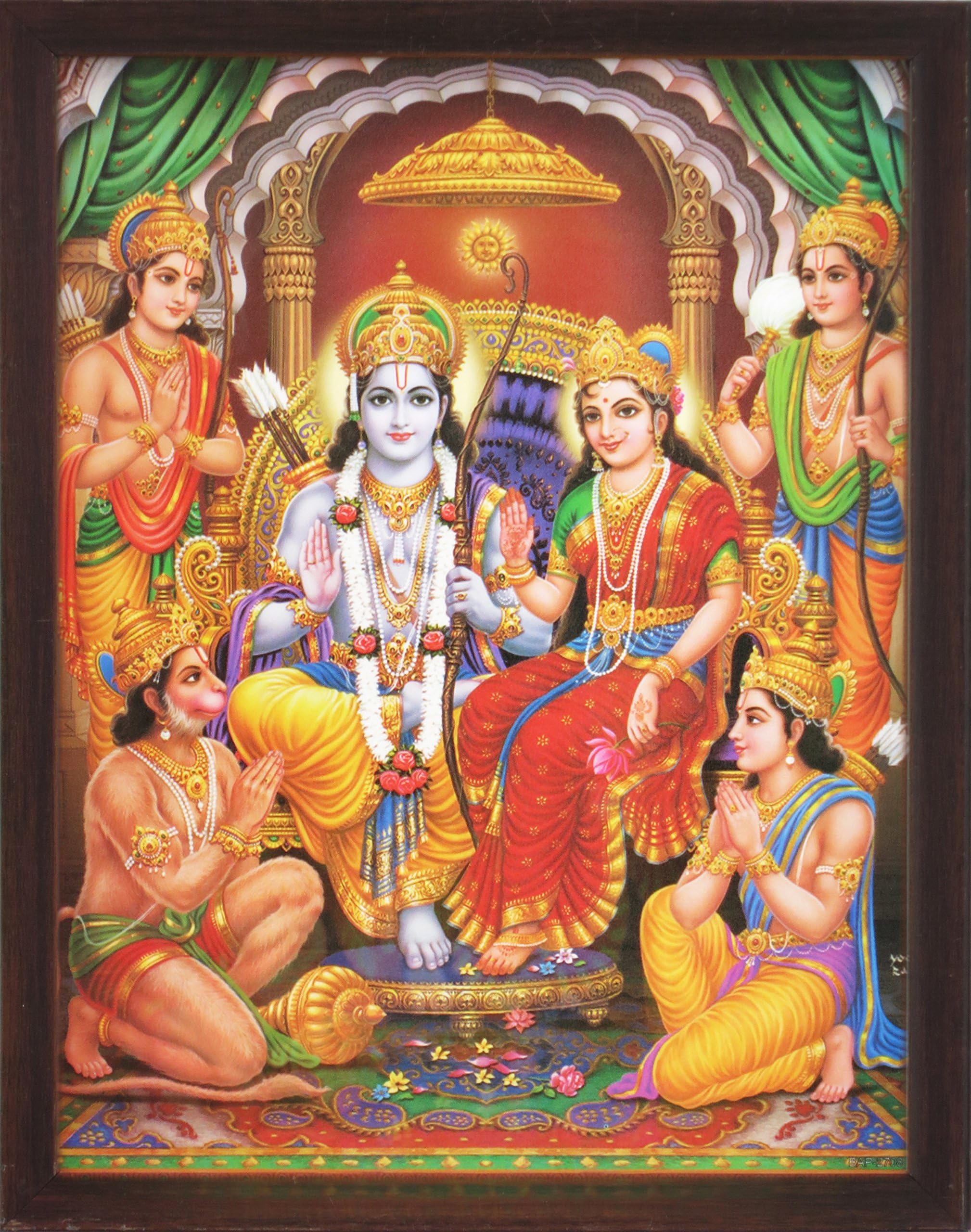 Lord Ram in His Palace with Laxman、Sita、Hanuman and His Brother、A Holy Religiousポスターペイントwith Frame for Hindu Worship目的