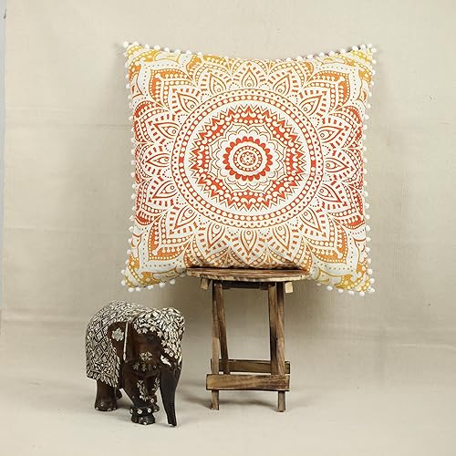 Miniatura 4 de Funda de cojín de piso de algodón. 26 pulgadas, con encaje de borlas decorativo y diseño de mandala.