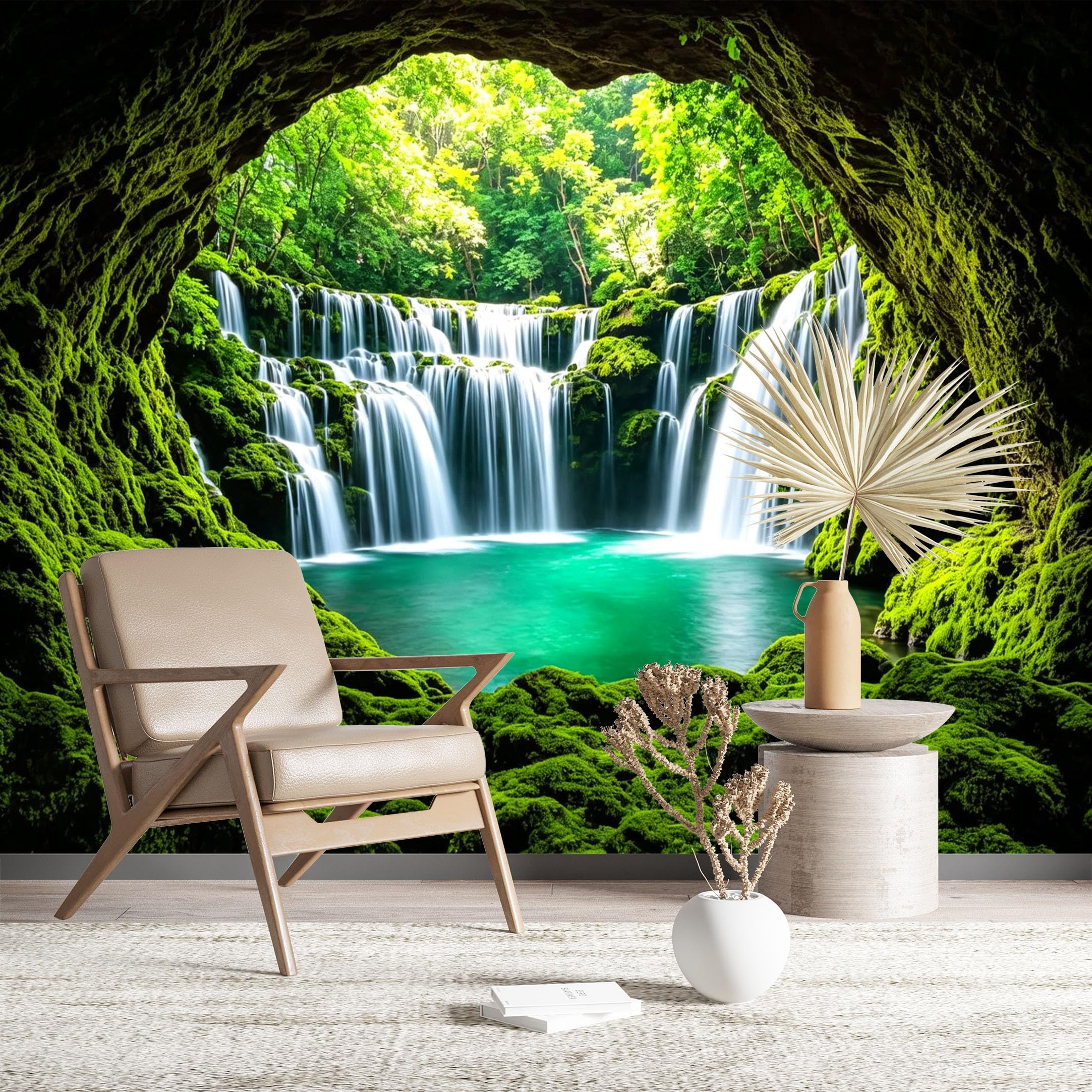 Custom Size Wall Murals Waterfall View Through Mossy Cave HD Self-Adhesive Wall Fabric (NO PVC) Removable Wallpaper for Living Room Bathroom