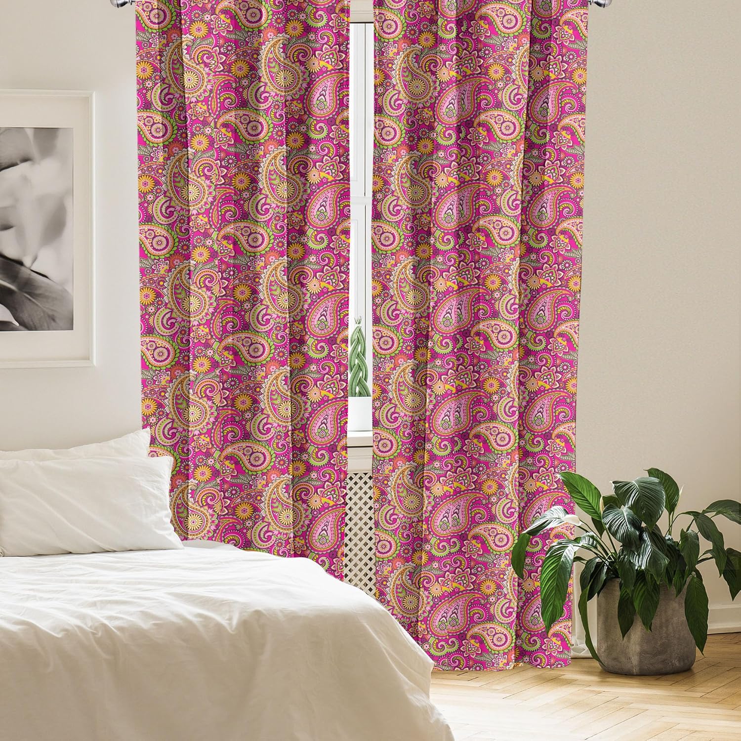 Ambesonne Hippie Curtains, Bohemian Flourish Violet Blossom Lotus Folk, Window Treatments 2 Panel Set for Living Room Bedroom, Pair of - 28" x 95", Pink Orange