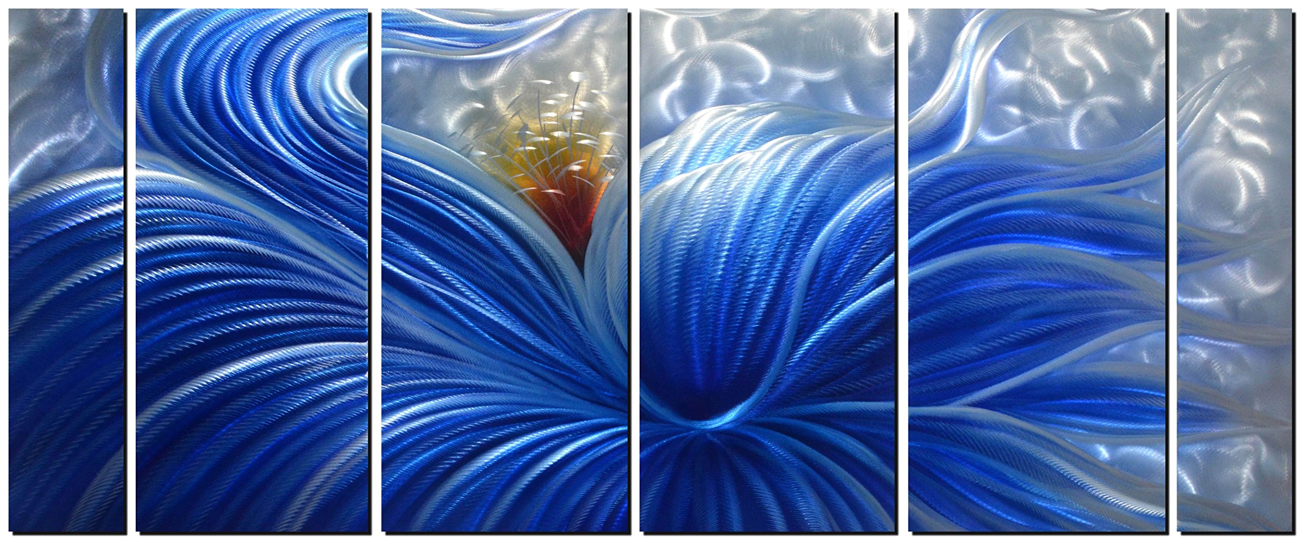 Metal Wall Art with Huge Blue Flower Design, Abstract Artwork for Modern and Contemporary Decor, Metal Wall Sculpture, Indoor Outdoor Wall Decorations, 6-Panels Measure 65" x 24"