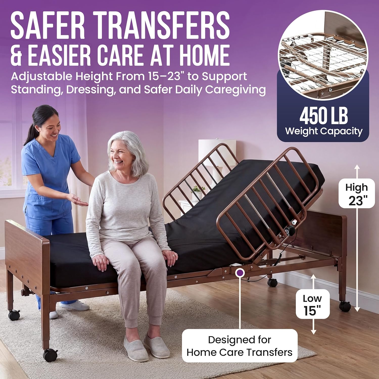 Full Electric Hospital Bed for Home Use with Foam Mattress, Half Rails - Medical Bed Set