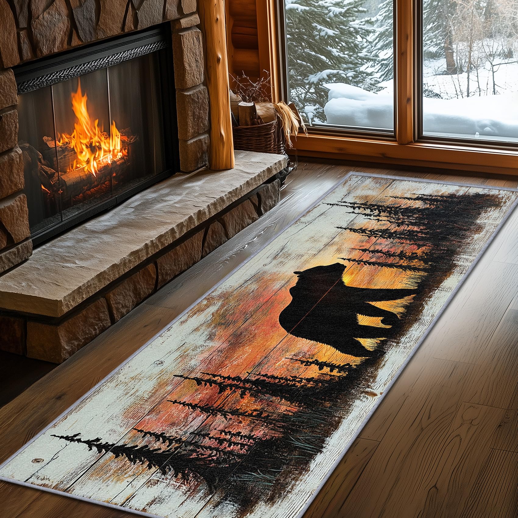 Yoozitrees Rustic Rugs for Bedroom, Grizzly Bear Runner Rug, 2x6ft, Forest Landscape Cabin Animal Runners for Hallways, Farmhouse Lodge Country Runner