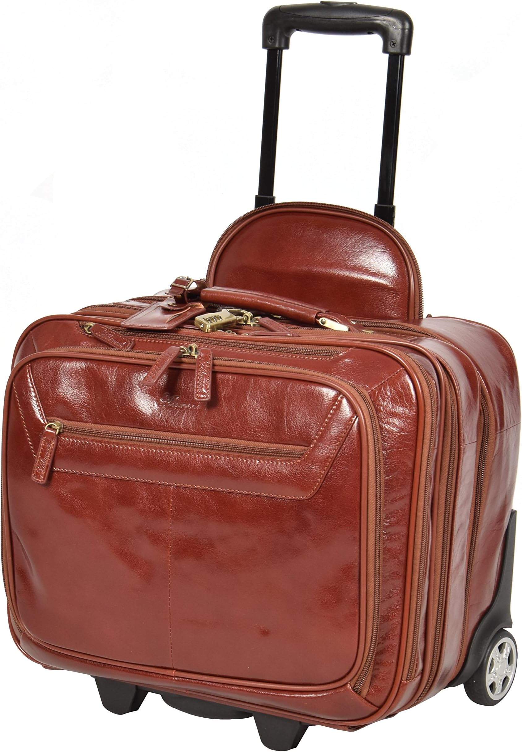 Real Leather Pilot Case on Wheels Flight Work Laptop Trolley Cabin Bag HLG891 Cognac