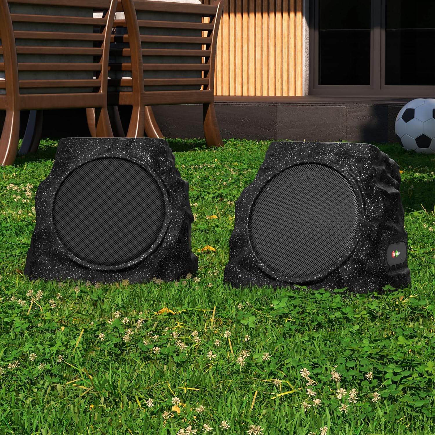 MIKK 2 Pack Solar Rock Speakers Outdoor Waterproof Patio with Lights Color,Multi-Sync Up to 100 Speakers Pairing Solar Powered Rock Speaker Rechargeable for Pool Party Yard Outside