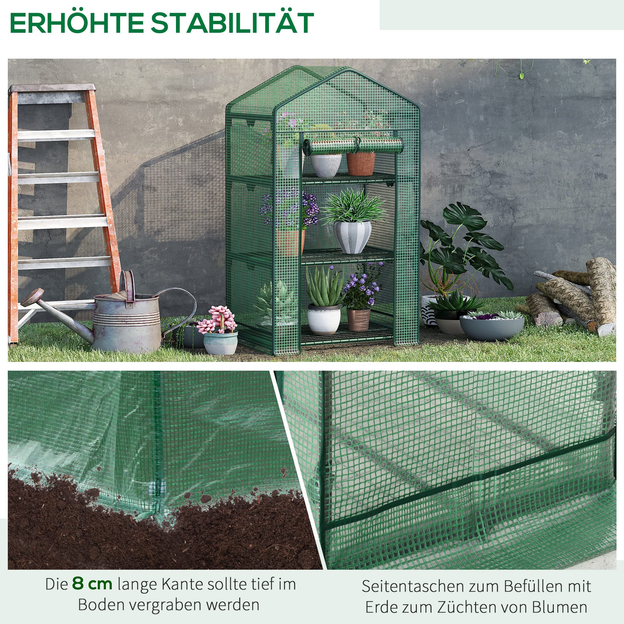 Outsunny mini serra di propagazione con copertura in foglio e 3 ripiani Ripiani Porta avvolgibile Ortofloricoltura
