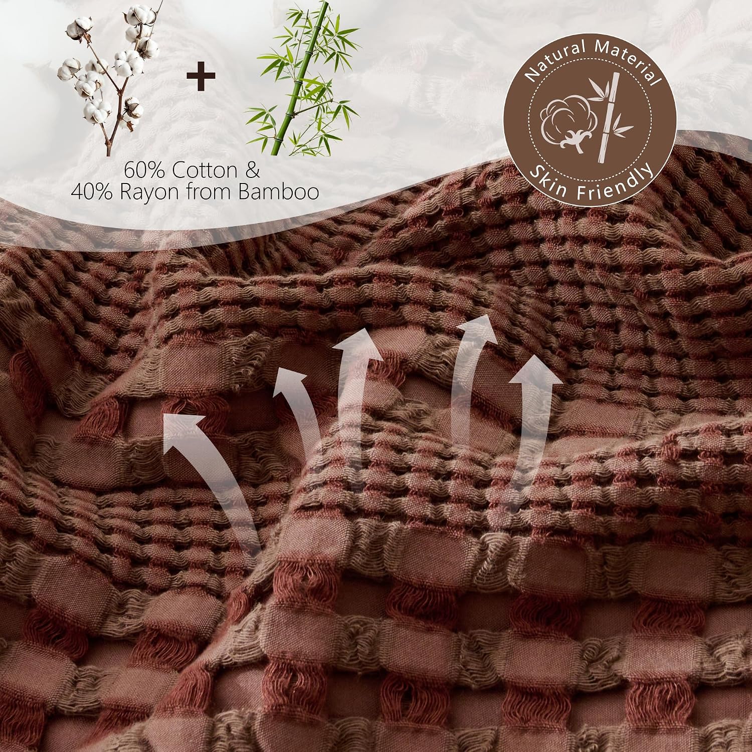 Cooling Waffle Weave Blanket King Size, 60% Cotton 40% Rayon Derived from Bamboo 108"X90", Dark Brown Soft Lightweight Bed Throw for Hot Sleepers, Breathable Cozy Comfort for Couch Sofa