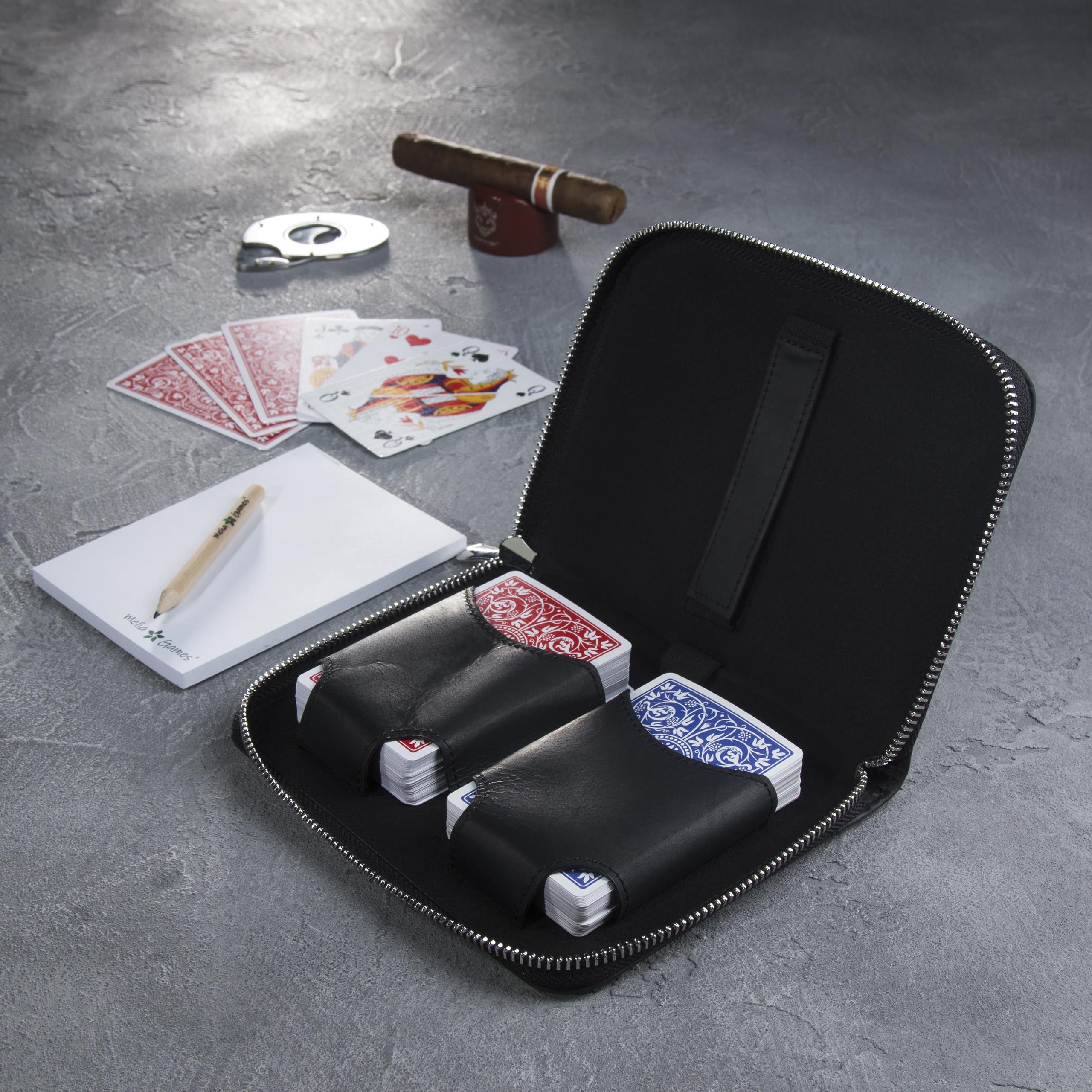 Melia Outlet Deluxe zestaw kart do gry ze skóry – etui na karty premium z 2 przegródkami na karty, notatnikiem i ołówkiem – luksusowy zestaw kart do pokera, remika i skat – etui z prawdziwej skóry