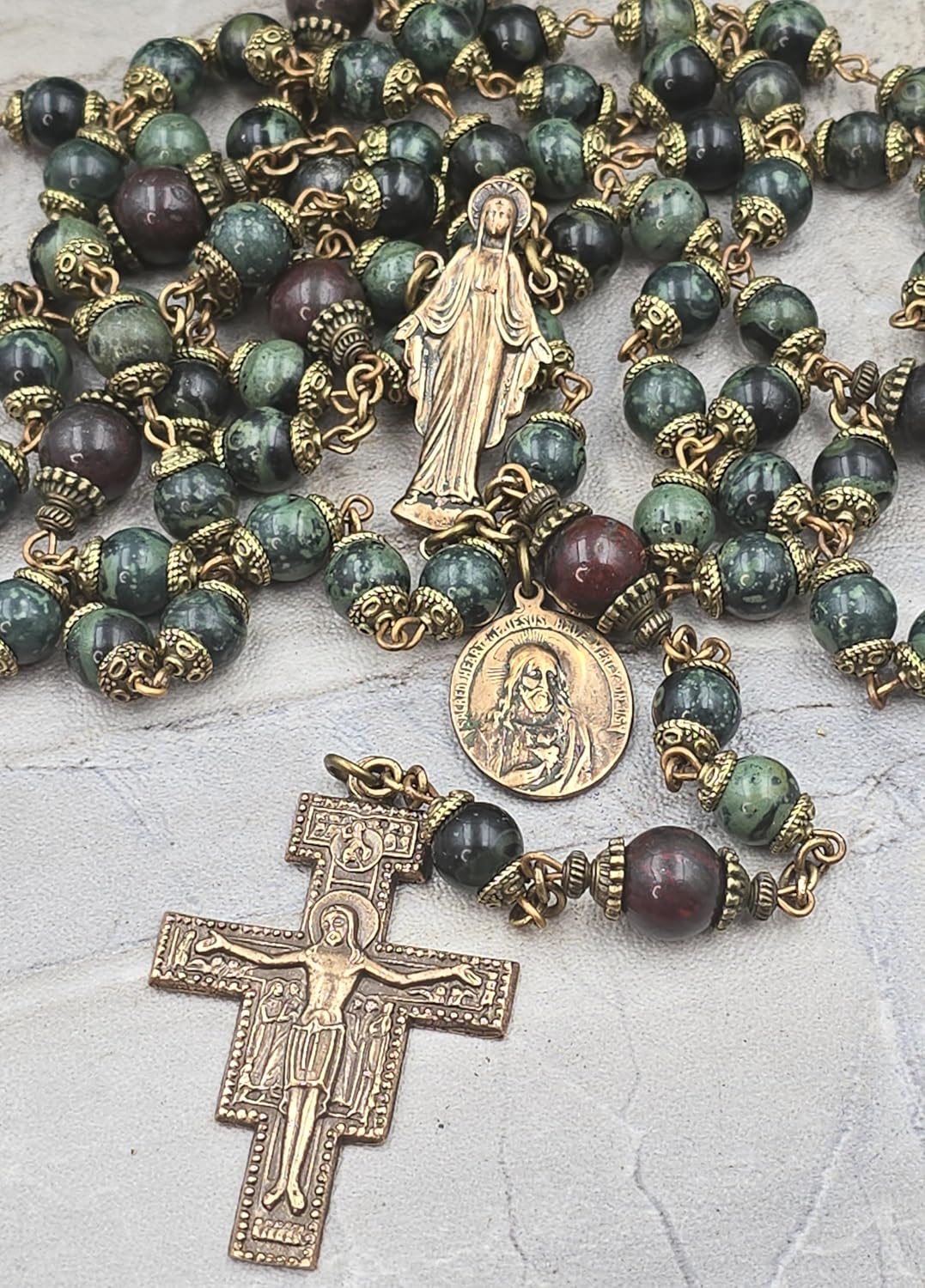 Bless And Heal Me 7 Joys of Mary Franciscan Crown Rosary - 7 Decade Vintage Bronze & Green Jasper - Image 2