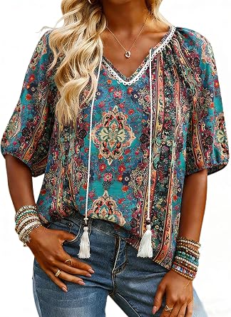 Halife Womens Flowy Boho Summer Tops Tassel Tie Front V Neck Short Sleeve Blouses Dressy Casual Loose Blouse Shirt Top
