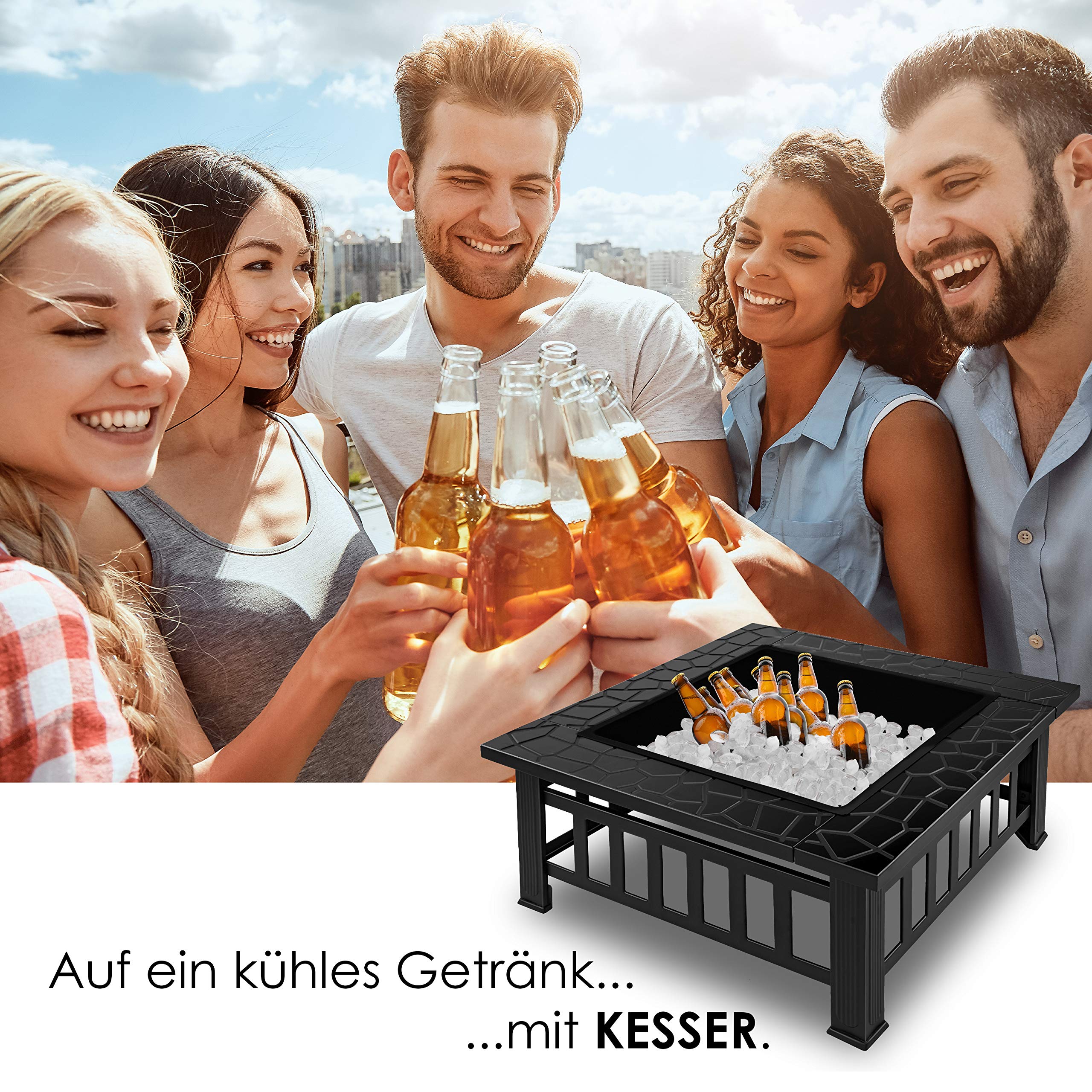 KESSER Feuerstelle mit Grillrost & Grillzange Feuerschale 82x82x50cm 3in1 Multifunktional Fire Pit für Heizung BBQ Grill Garten Terrasse