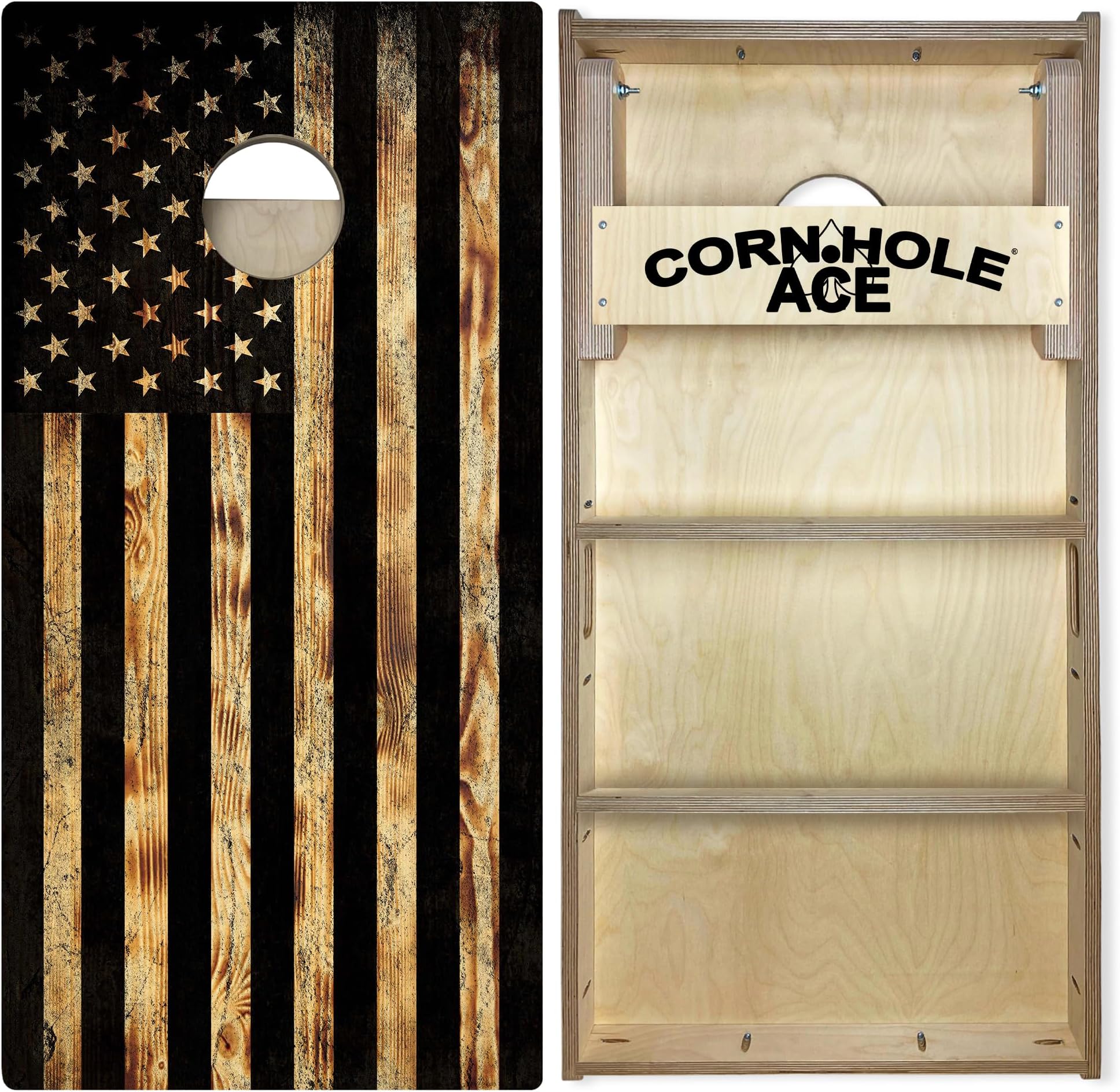 CornholeAce ACE PRO American Flag Cornhole Board Set - No Bounce! Triple Wide Legs, 3/4" Baltic Birch Plywood, Handles, Regulation Size (4x2ft), Tournament Style, Made in USA