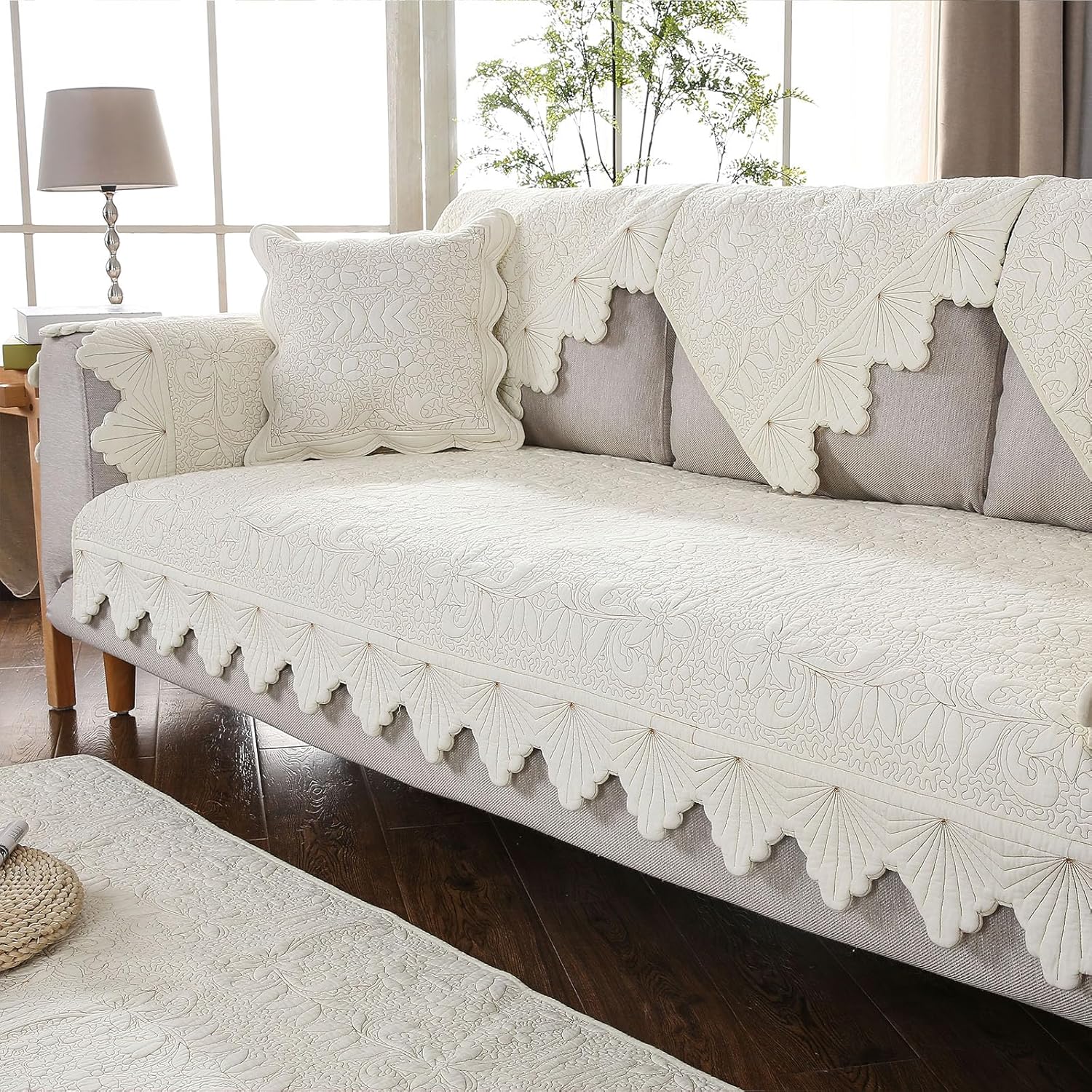 Product image of Cotton Embroidery Couch Sofa Cover Leaf and Floral Pattern Nonslip Quilted Furniture Protector Slipcover for Dogs, Children, Pets Sofa Slipcover Machine Washable (Cream,28"x28")
