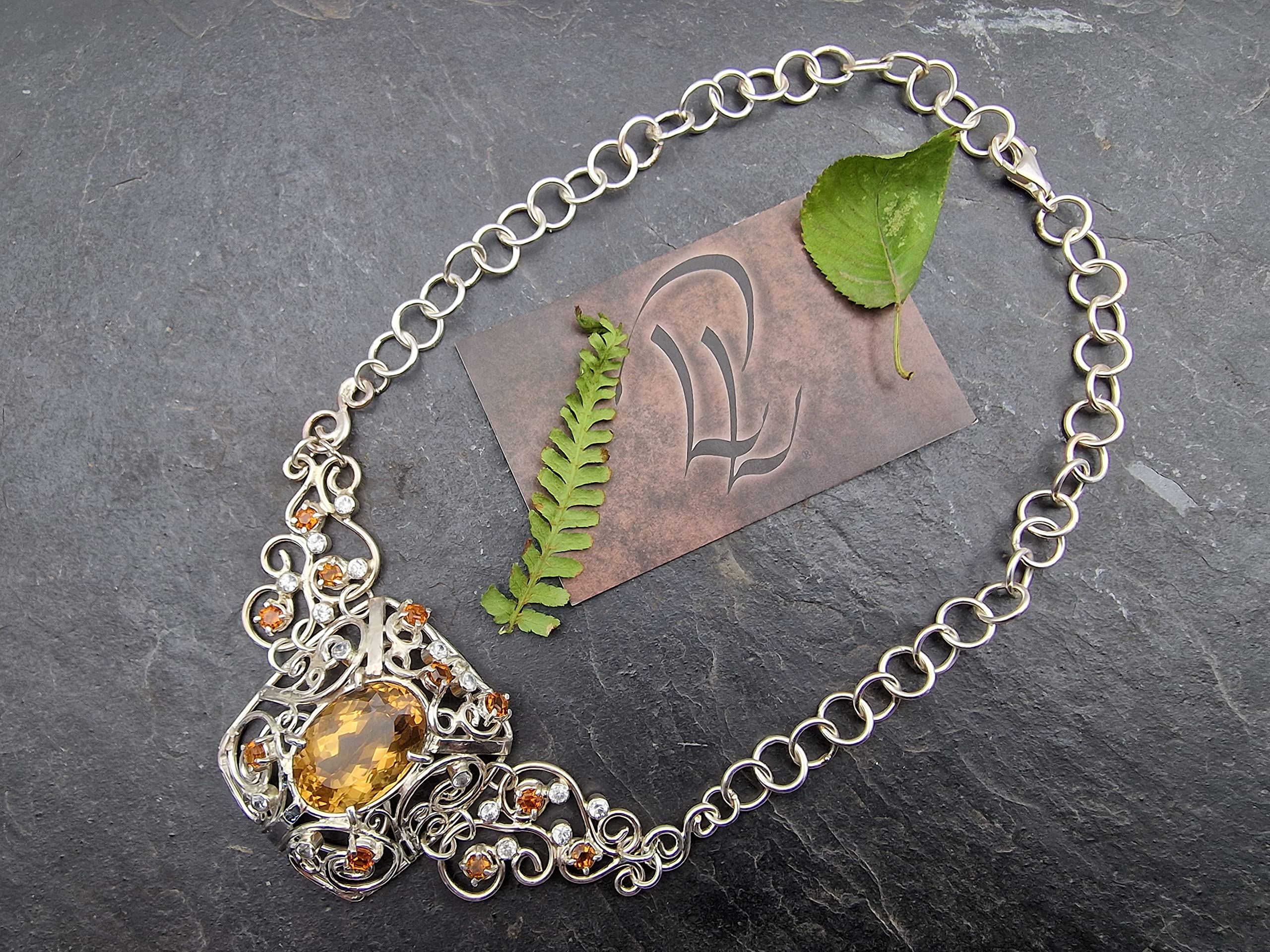 Majestätisches Citrin - Bergkristall Collier aus 925er Silber, handgefertigte Kette, Groß, Statement, Königlich, aufwendig, leicht, Unikat, Handarbeit