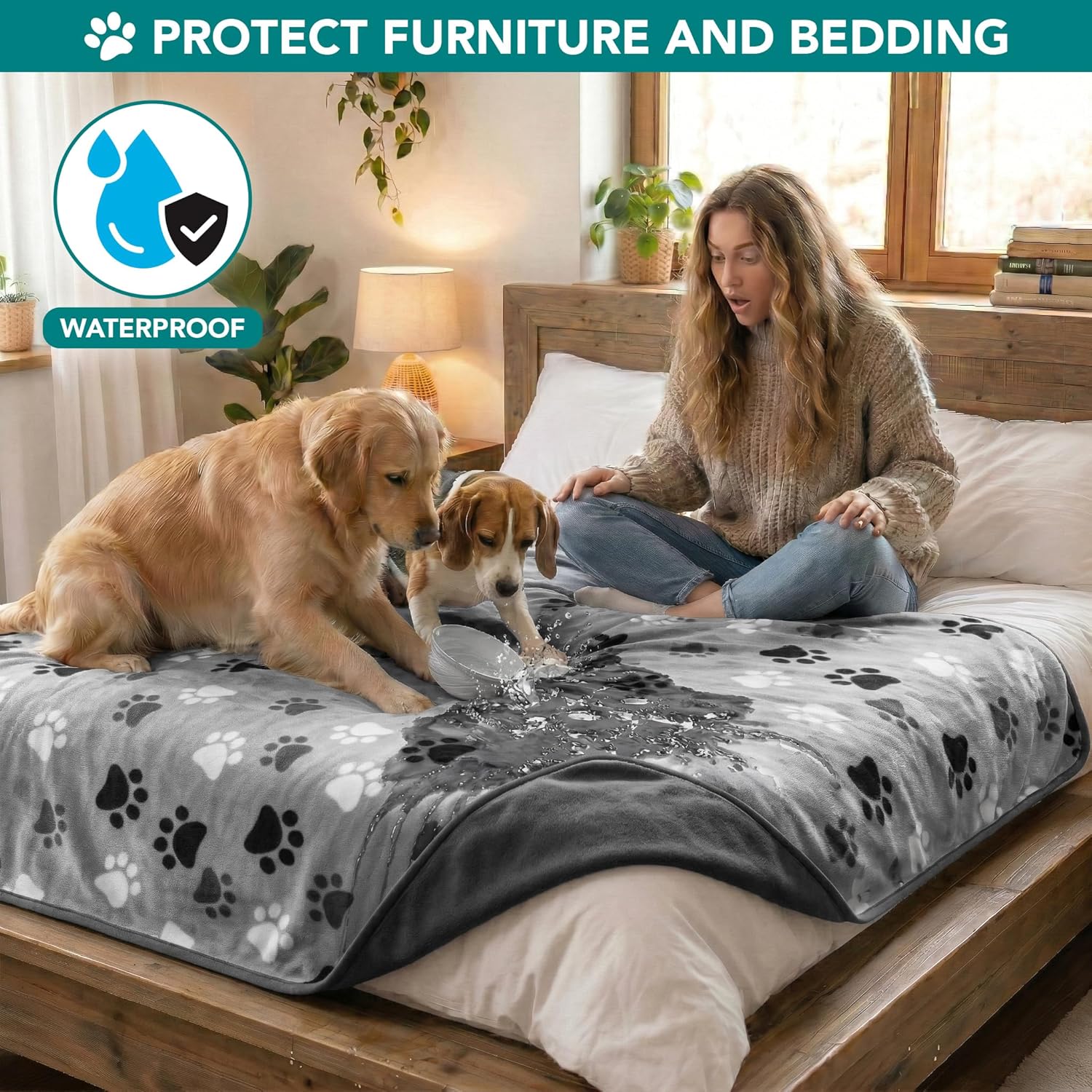PetAmi Waterproof Dog Blanket for Extra Large Pets Dogs Cats, Large Pet Couch Cover Protector for Furniture, Reversible Washable Soft Fleece Cat Blanket for Bed Couch Sofa, 60x80 (Paw Print Gray)