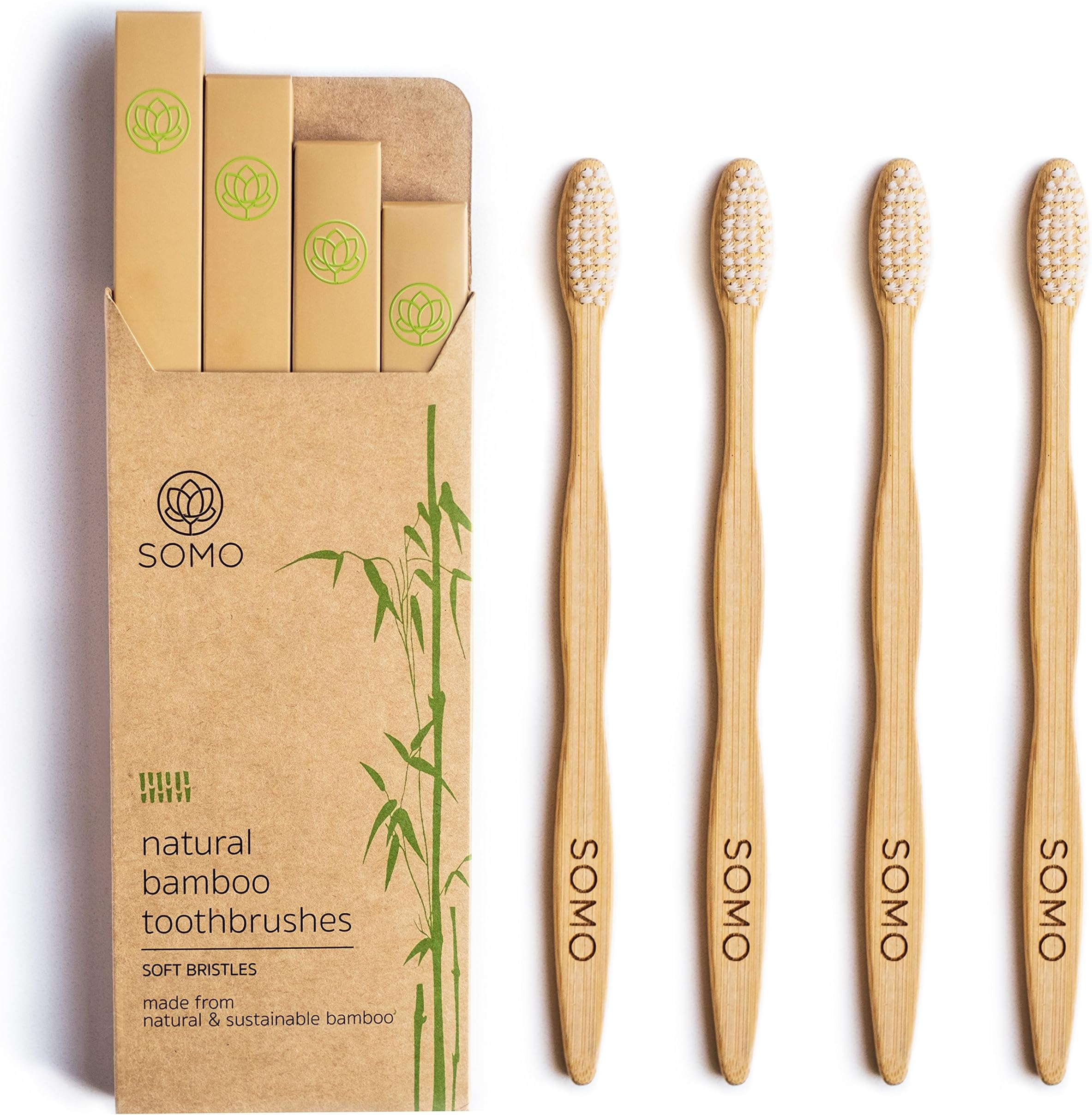 Somo Natural Bamboo Toothbrush, Organic Soft BPA Plastic Free Bristles Eco Friendly Biodegradable Wooden Dental Care Sensitive Gums - Pack of 4
