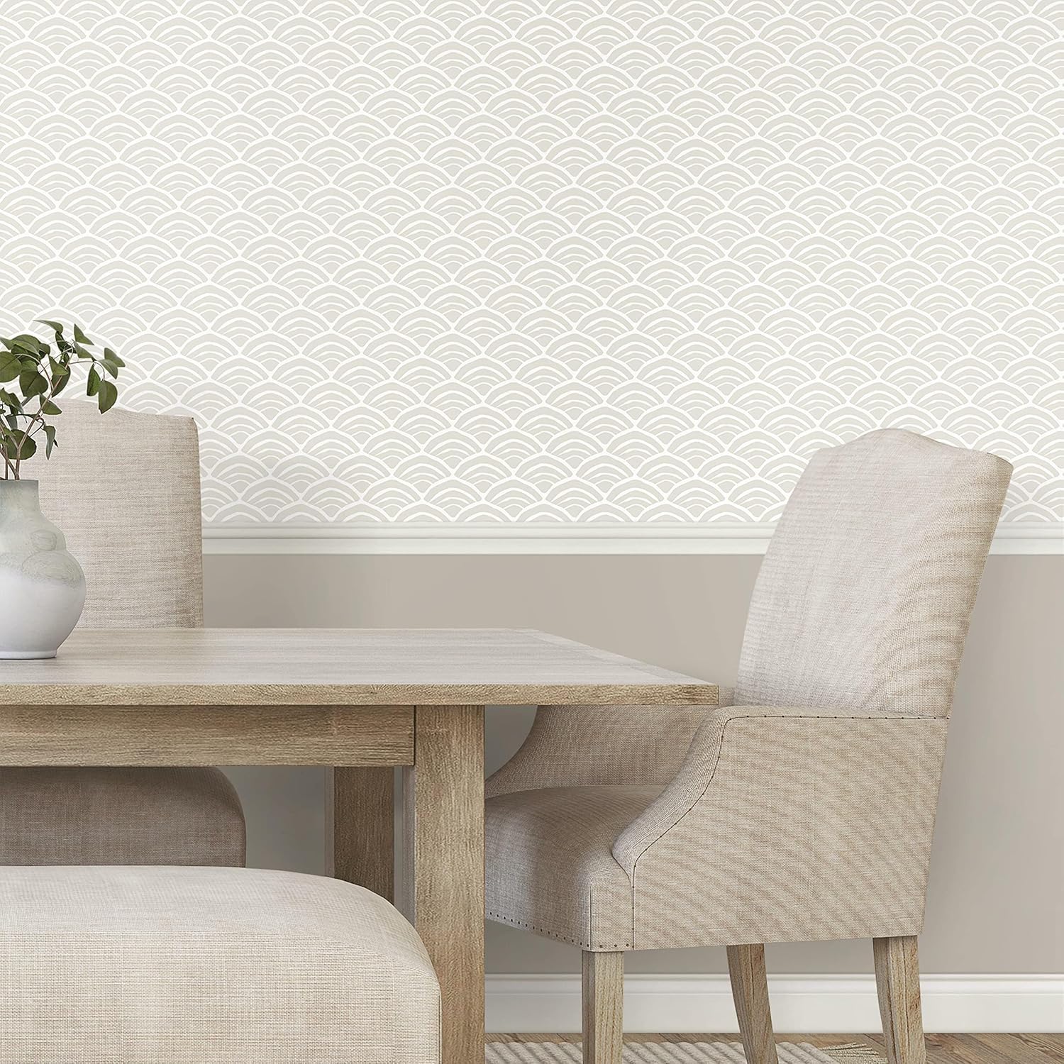 RoomMates RMK12099RL Jane Dixon Taupe and White Coastal Scallop Peel and Stick Wallpaper