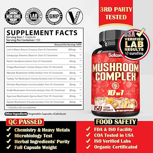 Miniatura 2 de Cápsulas de suplementos de complejo de hongos 10 en 1, mezcladas con melena de león, cordyceps, reishi, chaga, maitake, shitake y otros, soporte