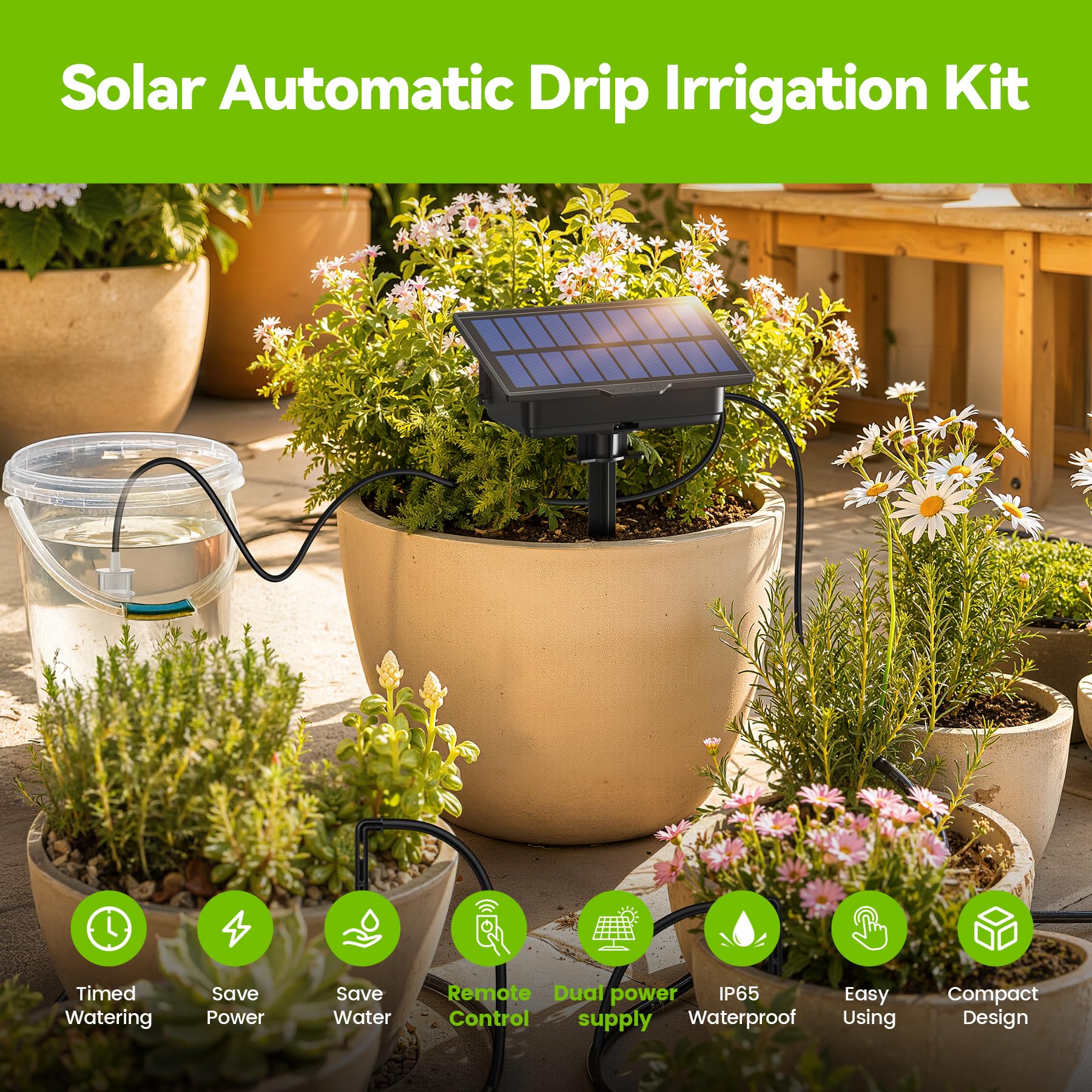 RAINPOINT Kit de Riego por Goteo WiFi Automático Solar, Nuevo Diseño de Manguera para Distribución Uniforme del Agua, Sistema de Riego por Goteo con 90 modos de temporizador, control remoto App