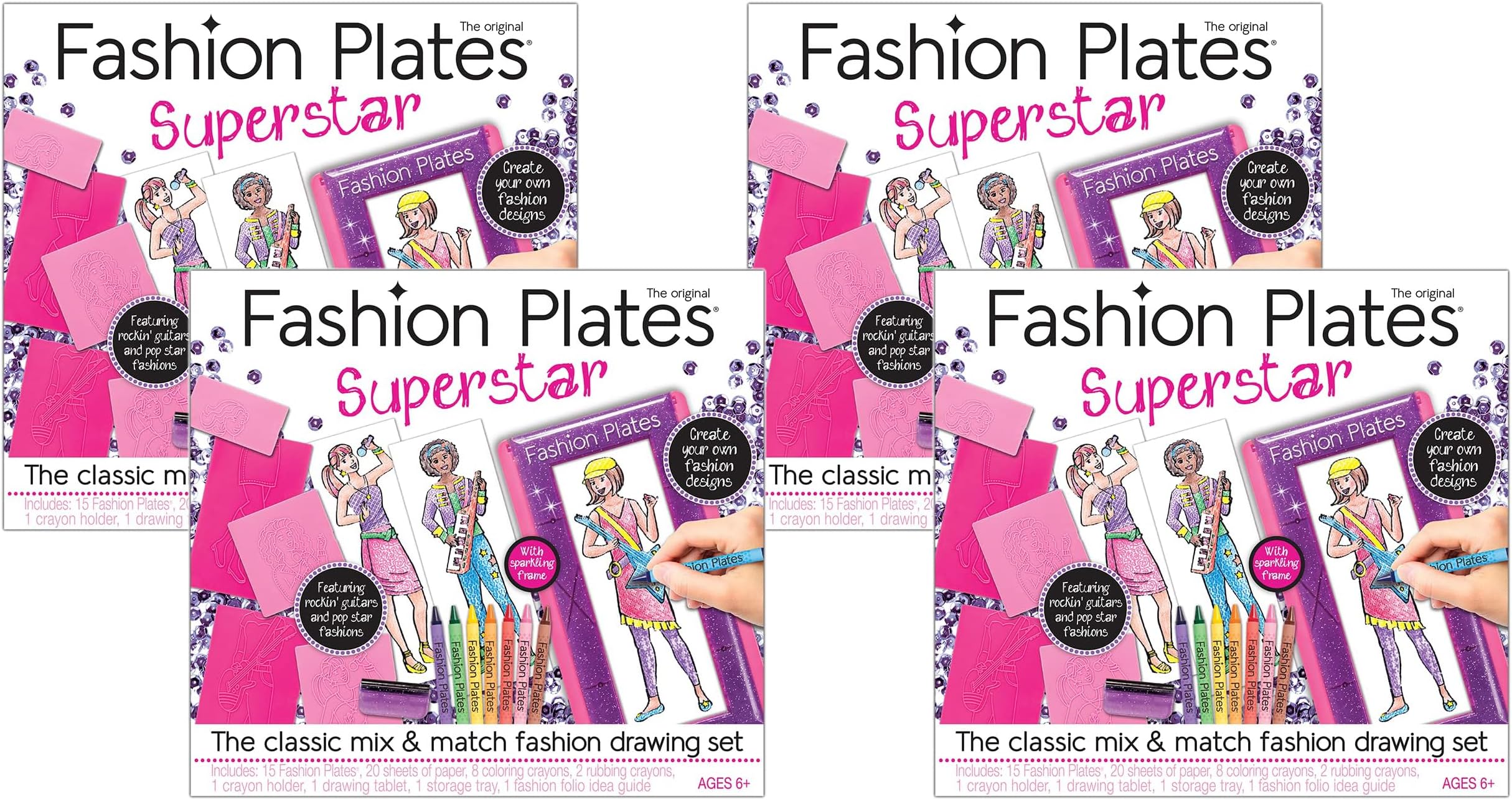 PlayMonster Fashion Plates Superstar - Mix-and-Match Drawing Set - Make 100s of Fabulous Fashion Designs - Ages 6+, Pink (Pack of 4)